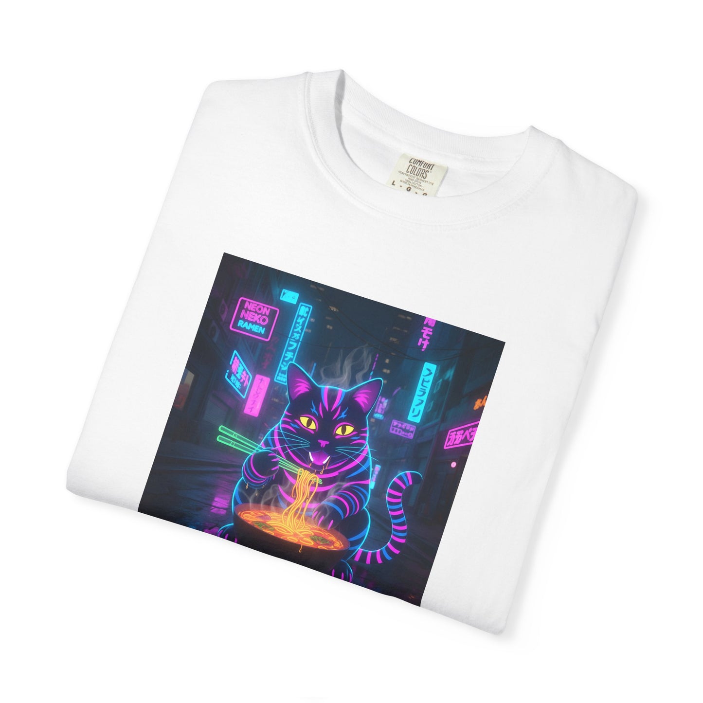 Neon Cyberpunk Cat Mystic Bowl T-shirt | Retro Futuristic Alley Art