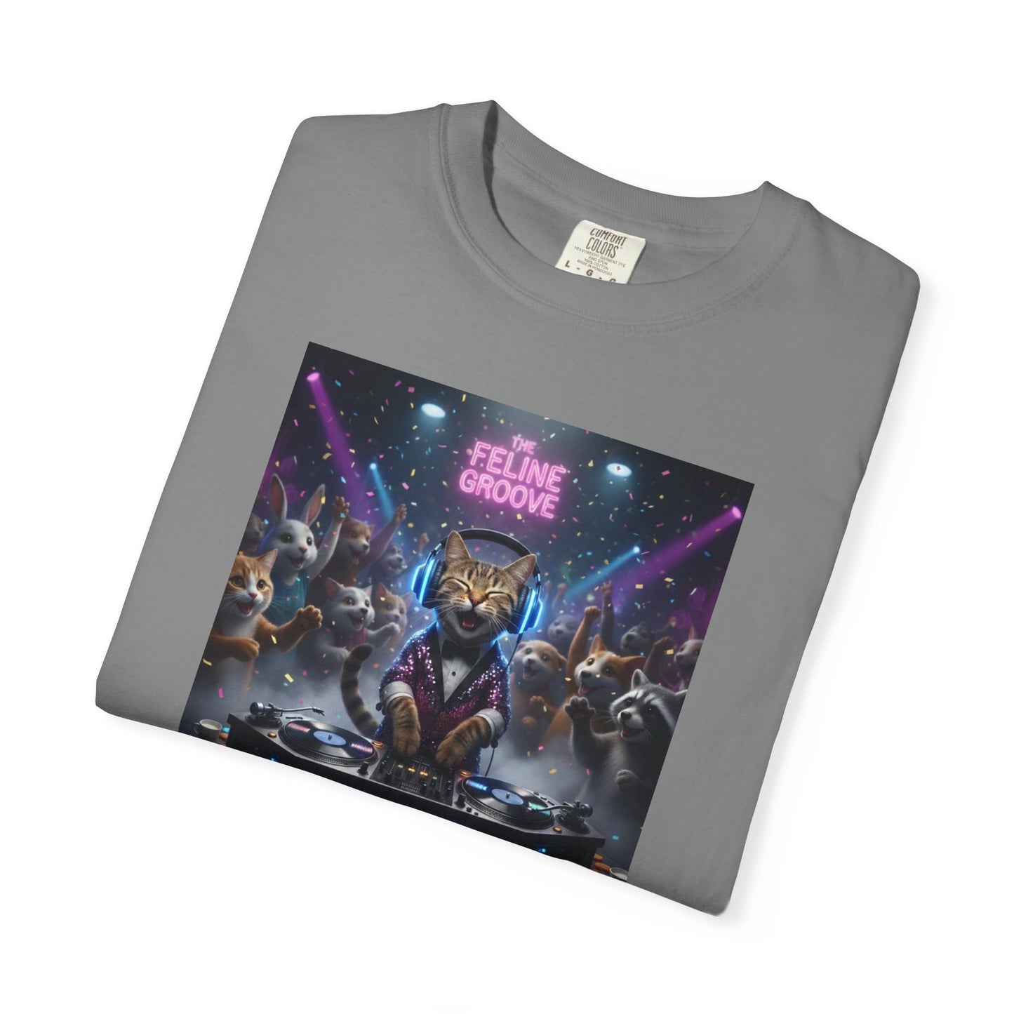 Feline Groove DJ Cat Illustration T-Shirt | Retro Neon Club Scene