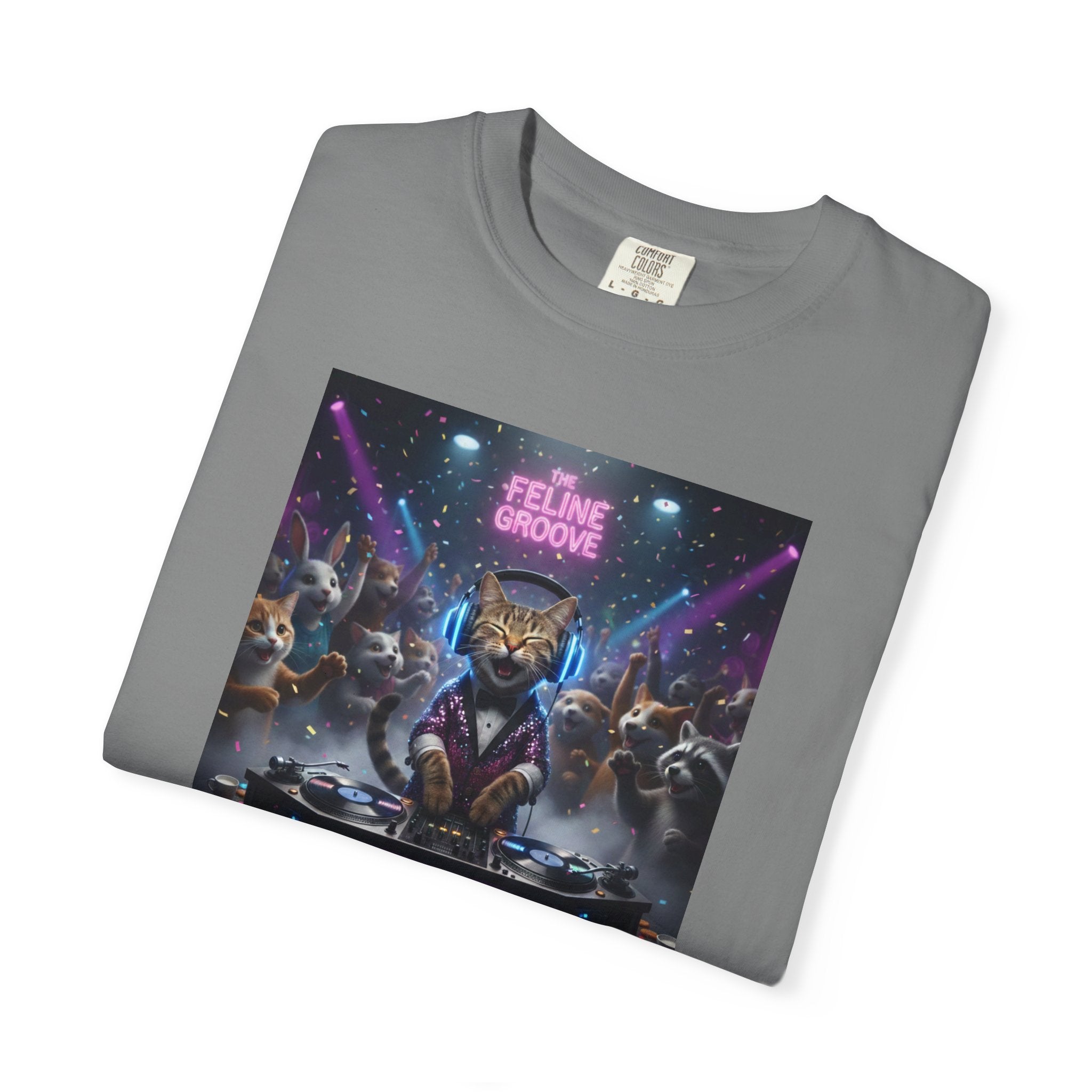 Feline Groove DJ Cat Illustration T-Shirt | Retro Neon Club Scene