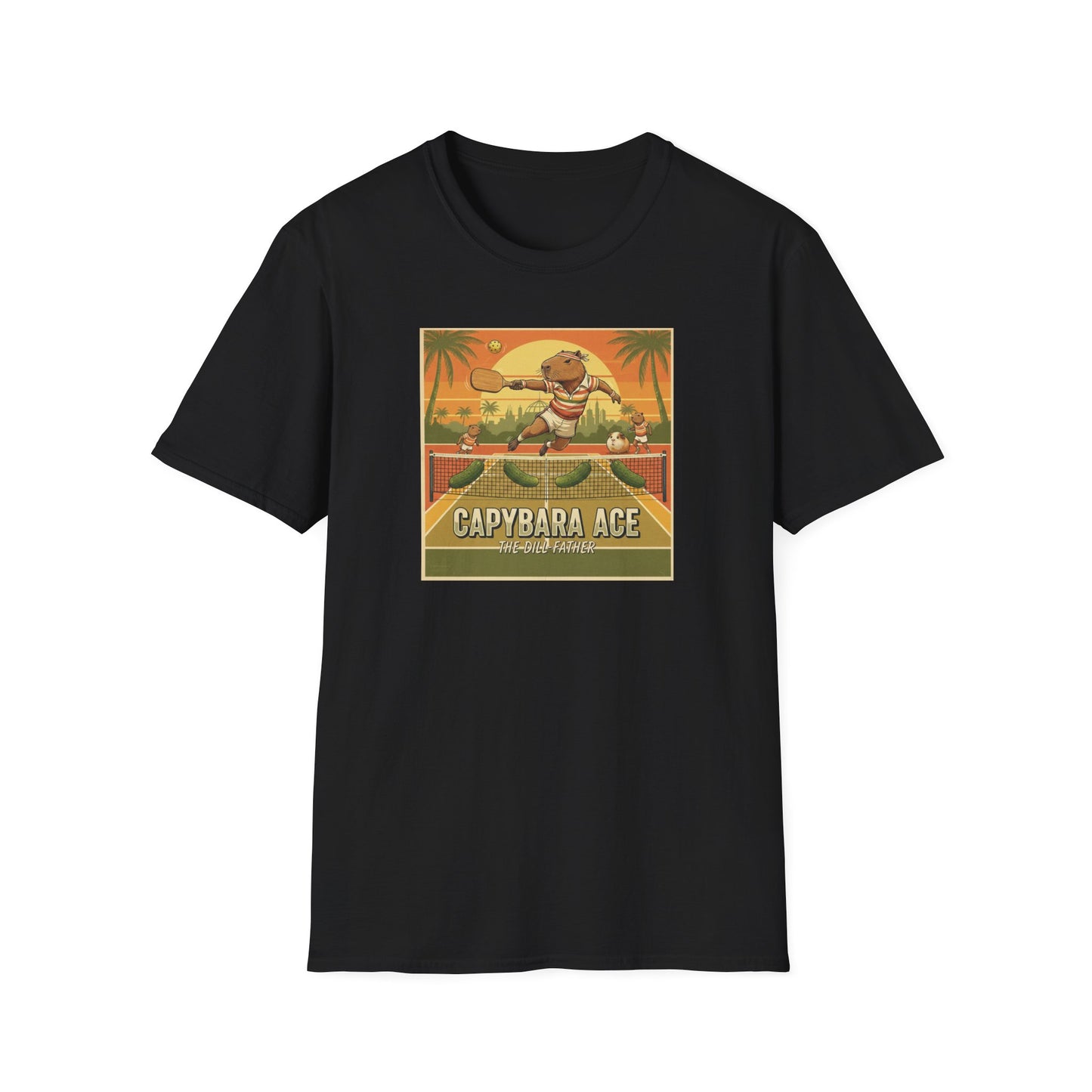 Capybara Ace Pickleball Player T-Shirt | Retro Tropical Court Design