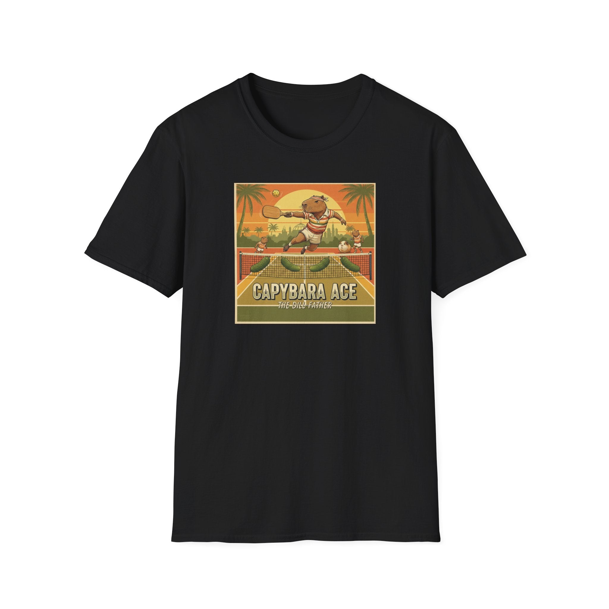 Capybara Ace Pickleball Player T-Shirt | Retro Tropical Court Design