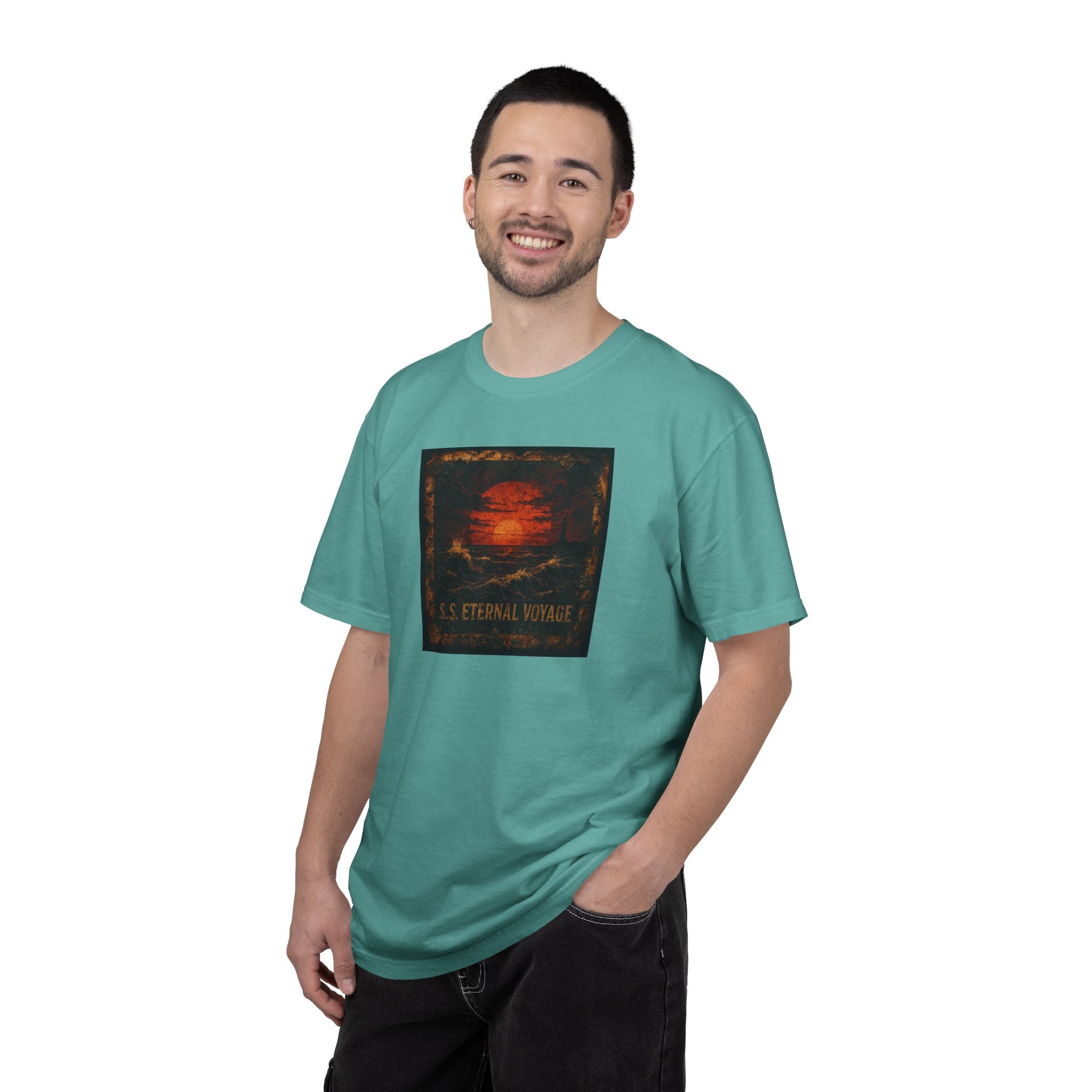 Eternal Voyage Sunset Illustration T-Shirt | Vintage Ocean Scene