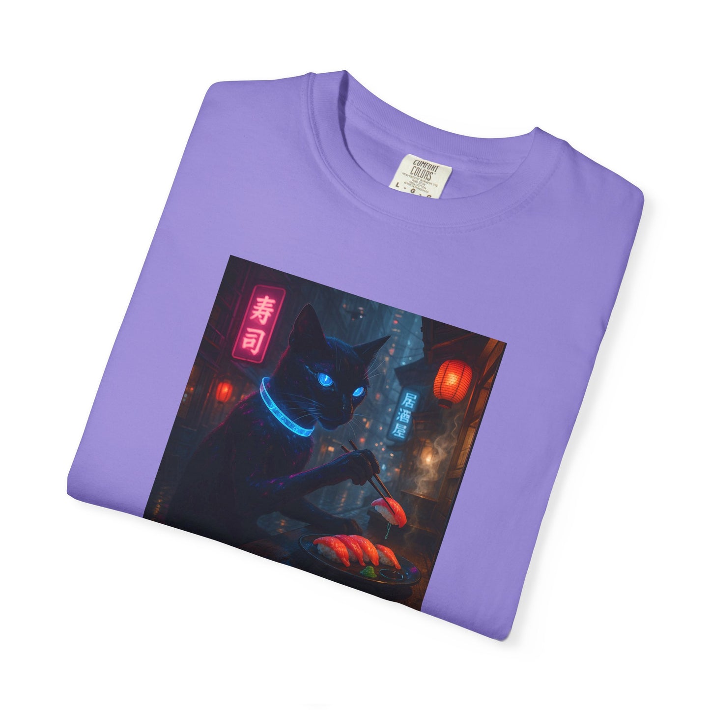 Neon Cyber Cat Sushi Shibuya T-shirt | Dark Alley Japanese Streetwear