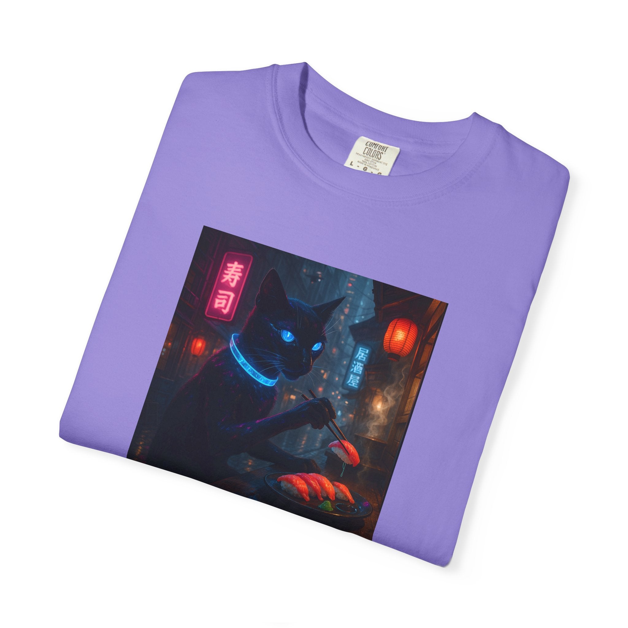 Neon Cyber Cat Sushi Shibuya T-shirt | Dark Alley Japanese Streetwear