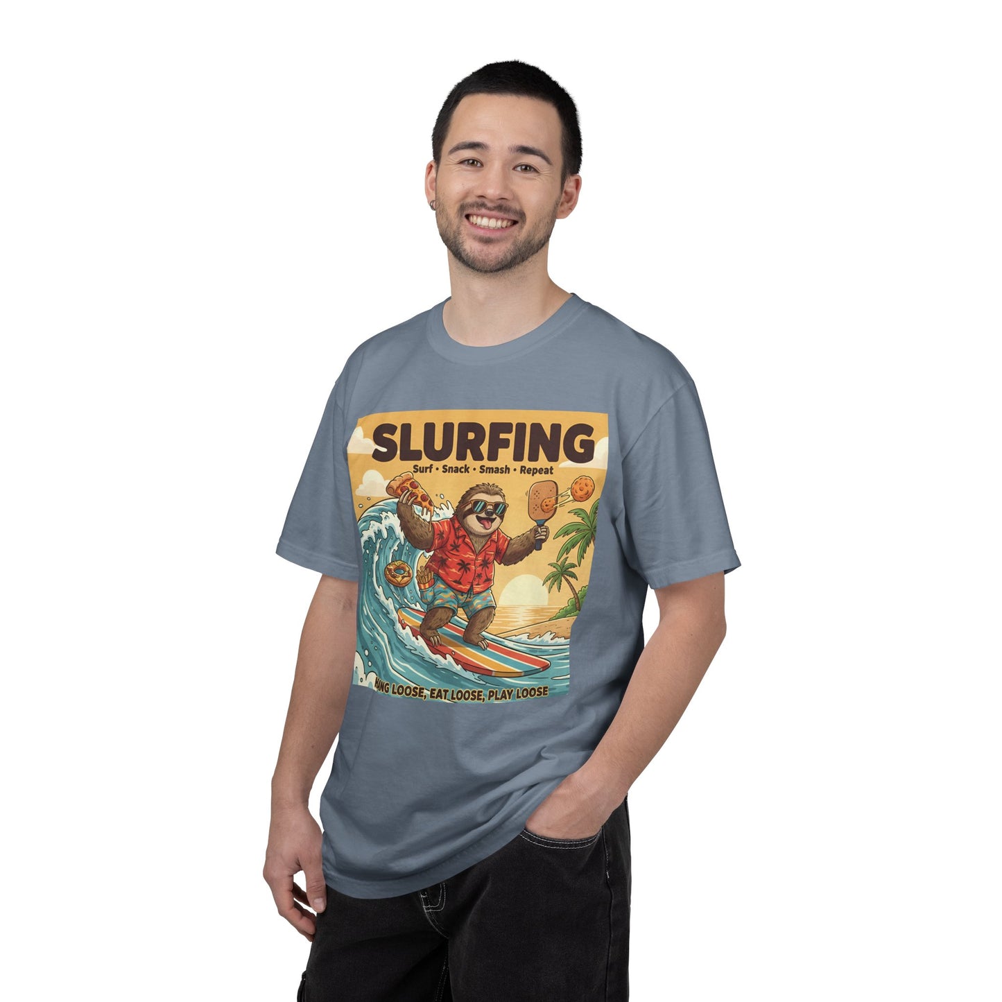 Slurfing Surfing Sloth T-Shirt | Retro Beach Wave Illustration