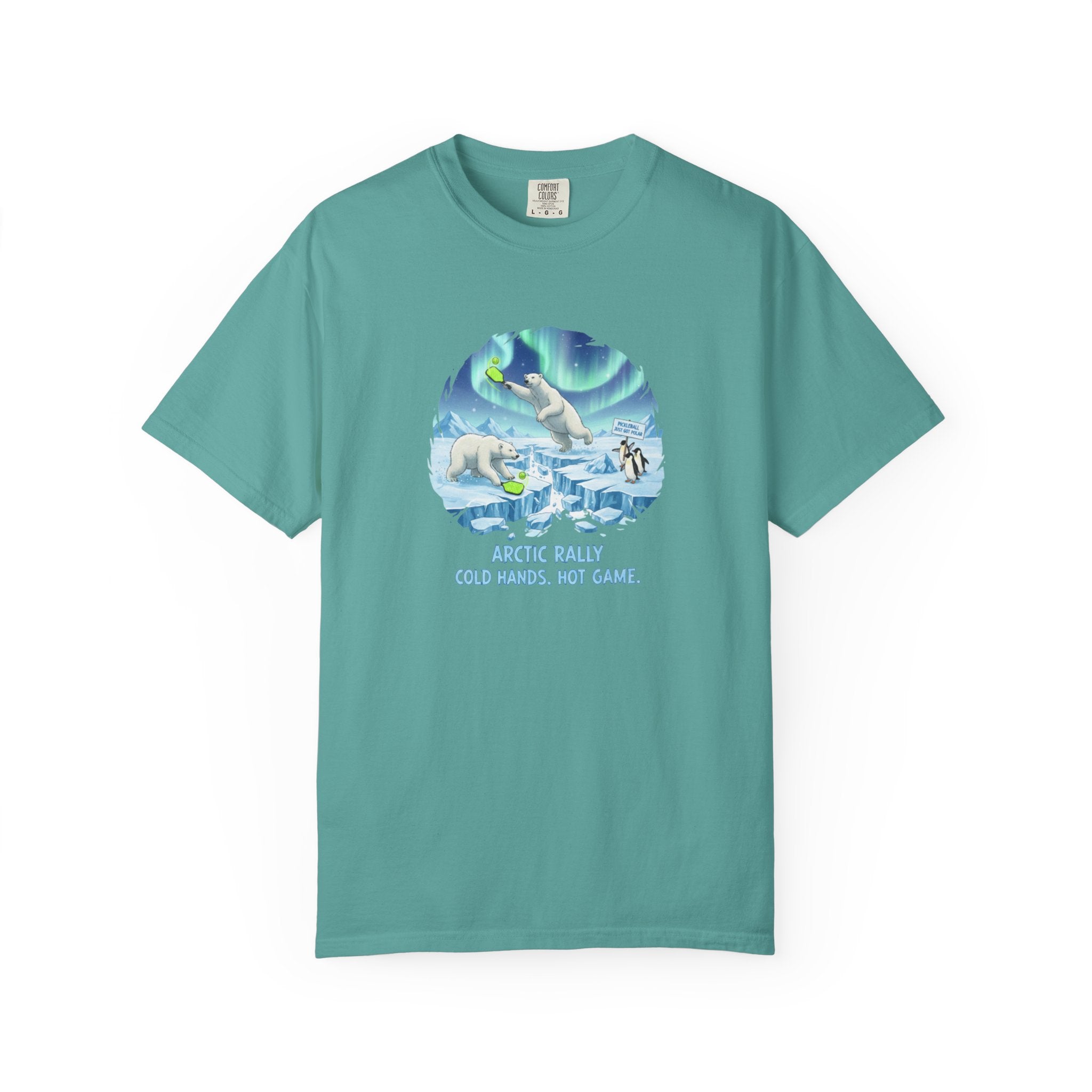 Arctic Rally Polar Bears Playing Pickleball T-Shirt | Northern Lights Illustration