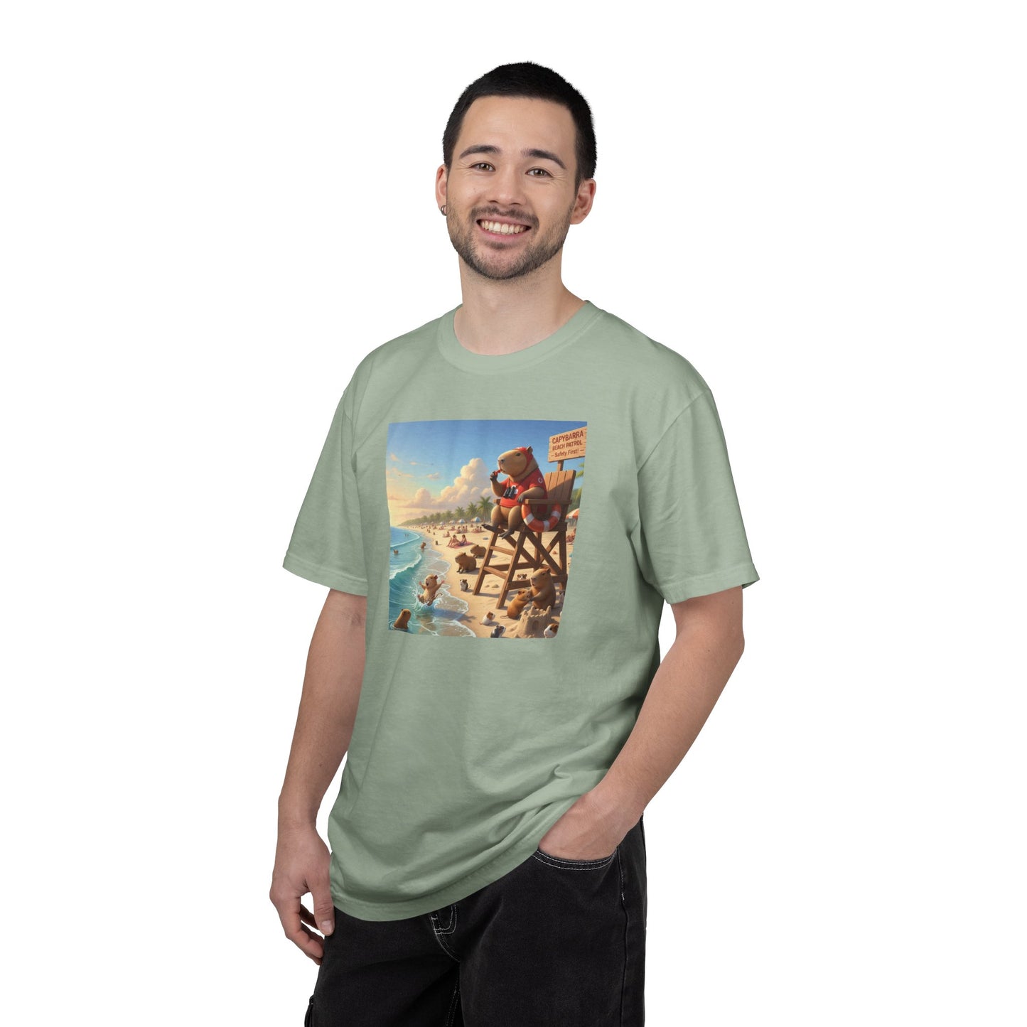 Lifeguard Capybara on Beach T-shirt | Surf Rescue Sunset Scene