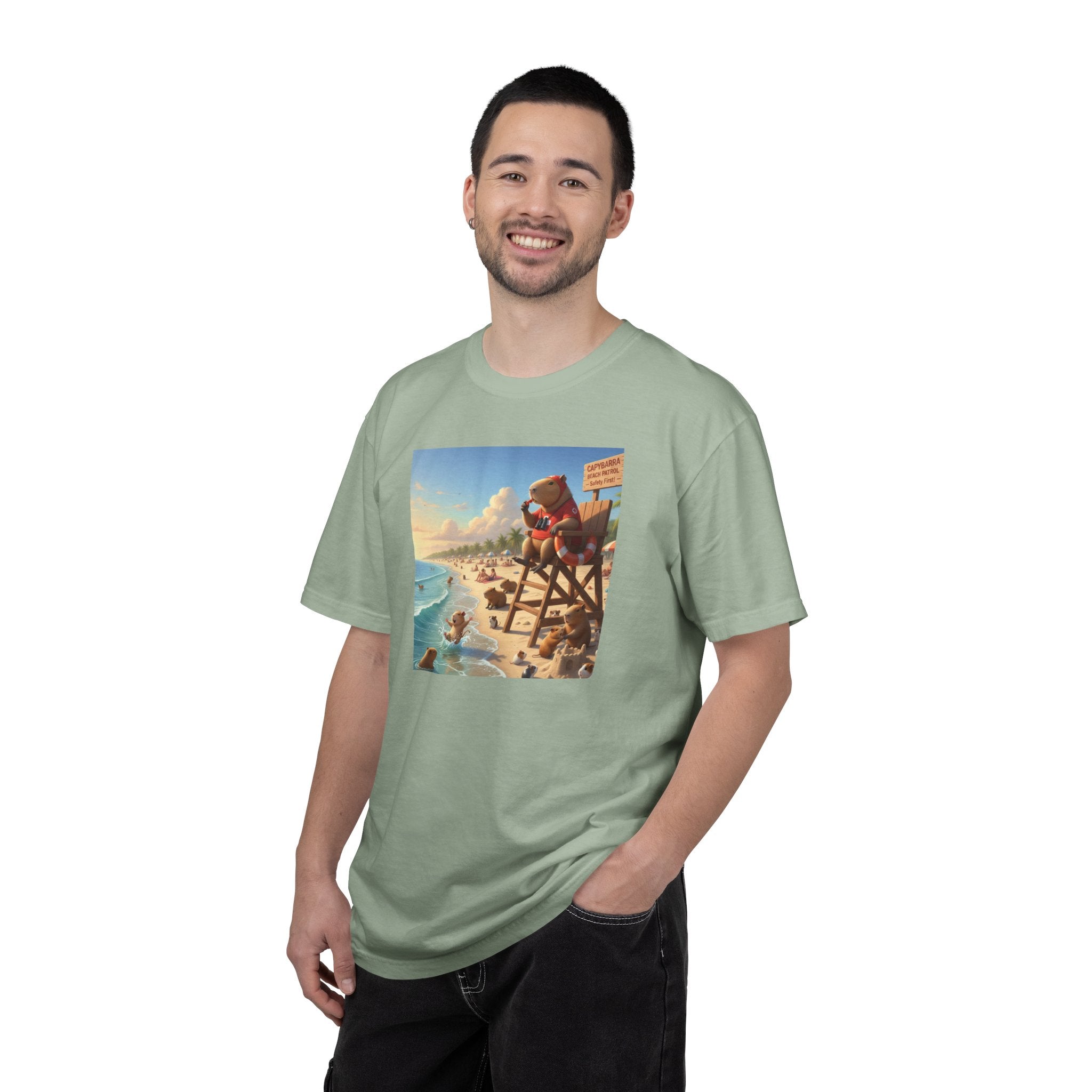 Lifeguard Capybara on Beach T-shirt | Surf Rescue Sunset Scene