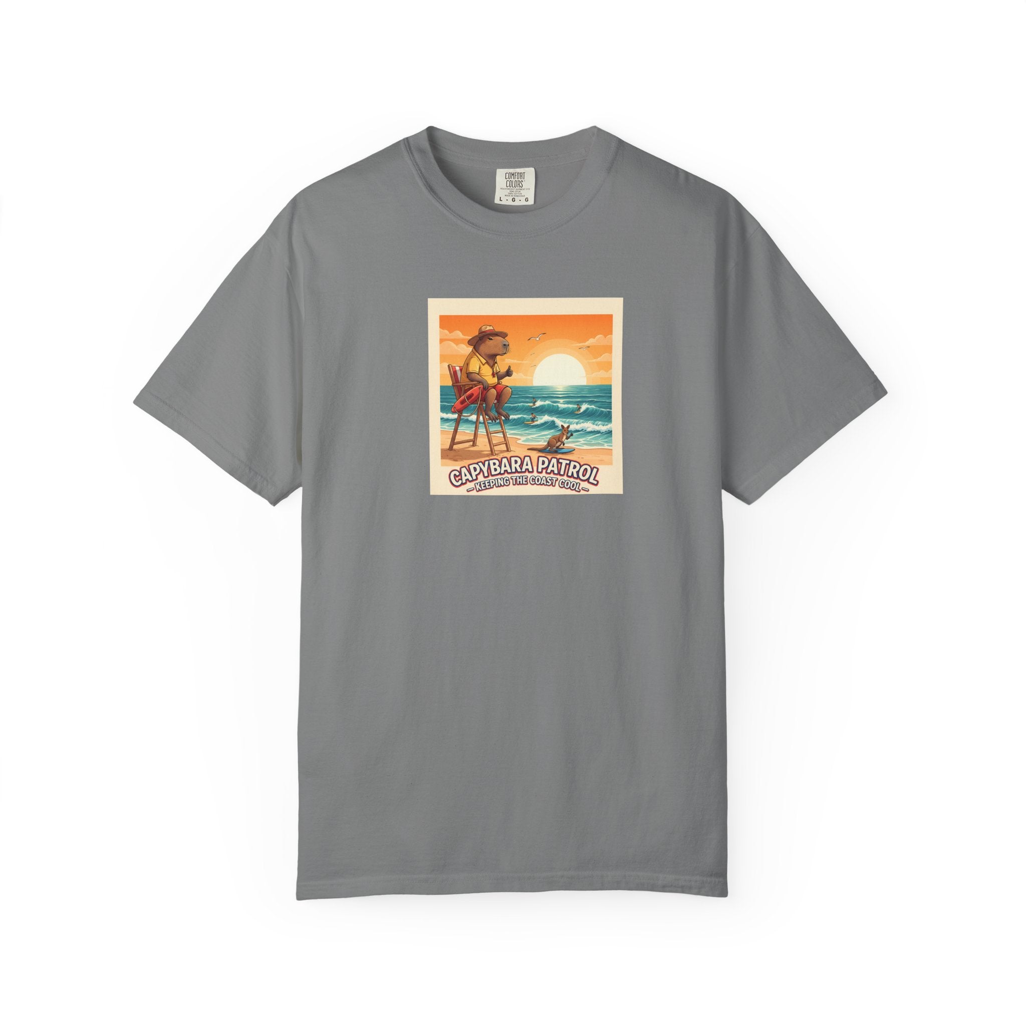 Capybara Patrol Sunset Surfing Capybara T-Shirt | Retro Beach Vibes