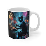 Black Cat Sushi Mug | Neon Cyberpunk Alley, 11oz Ceramic