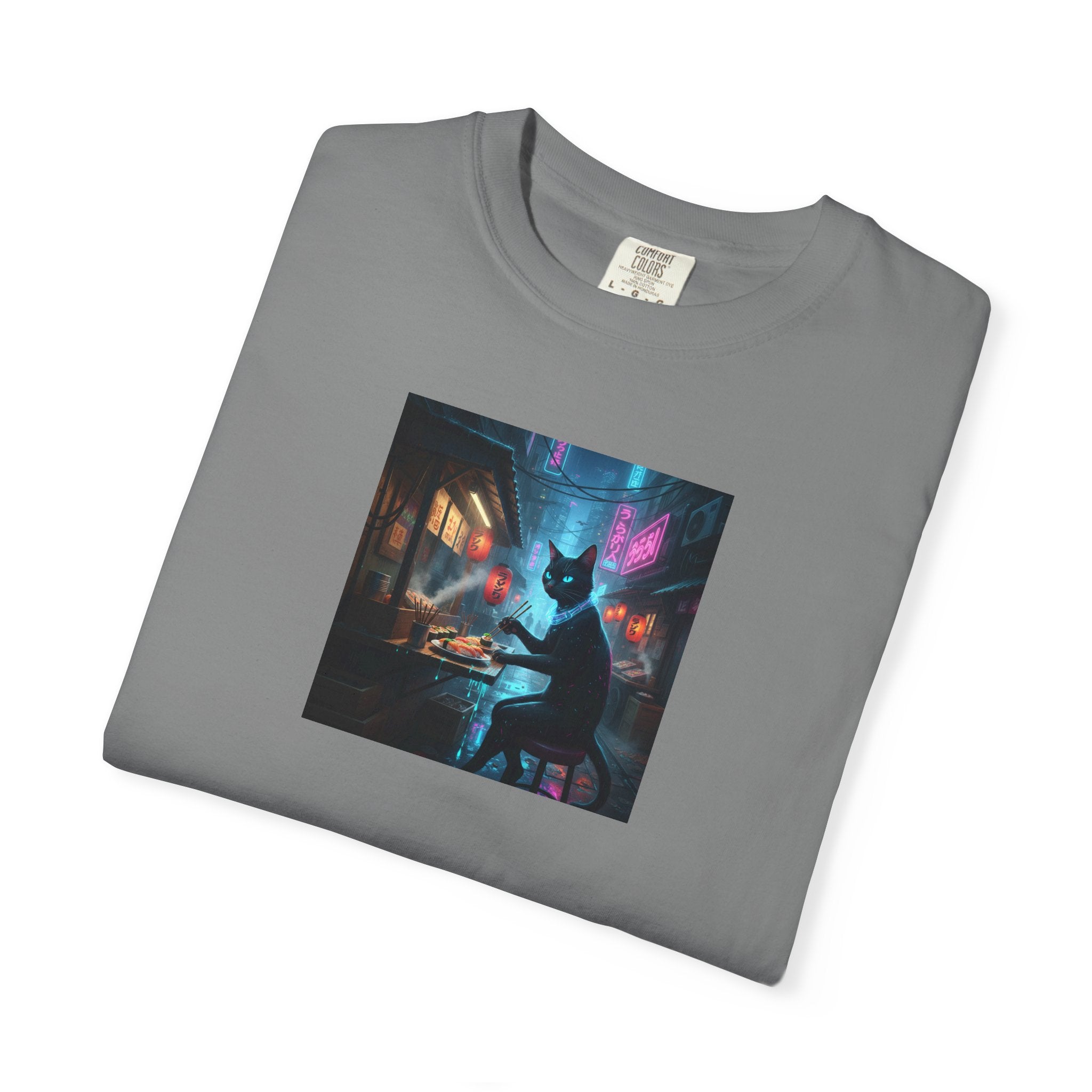 Cyberpunk Cat Sushi T-shirt | Neon Japan Noir