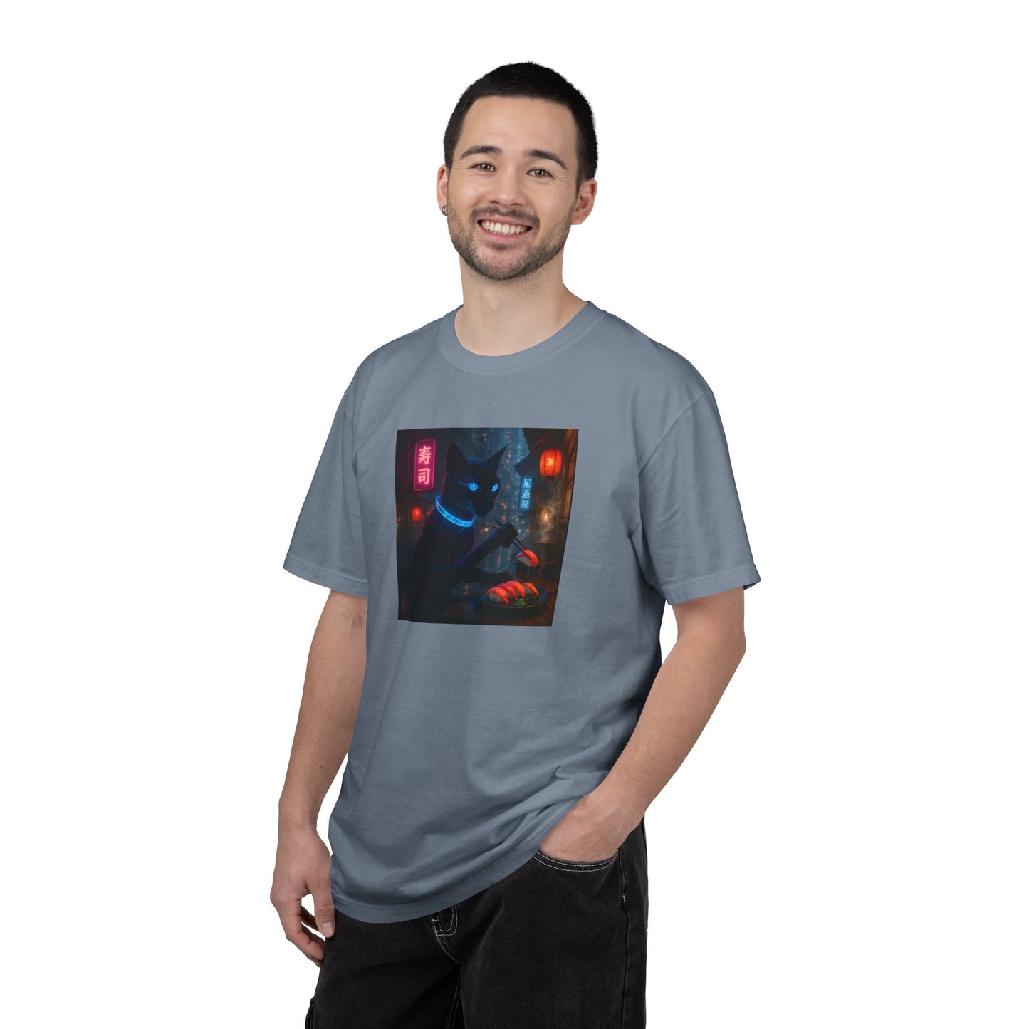 Neon Cyber Cat Sushi Shibuya T-shirt | Dark Alley Japanese Streetwear