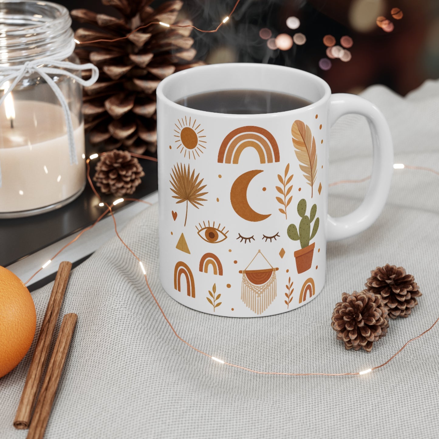 Boho Sun Moon Rainbow Pattern Mug | 11oz Ceramic Coffee Cup