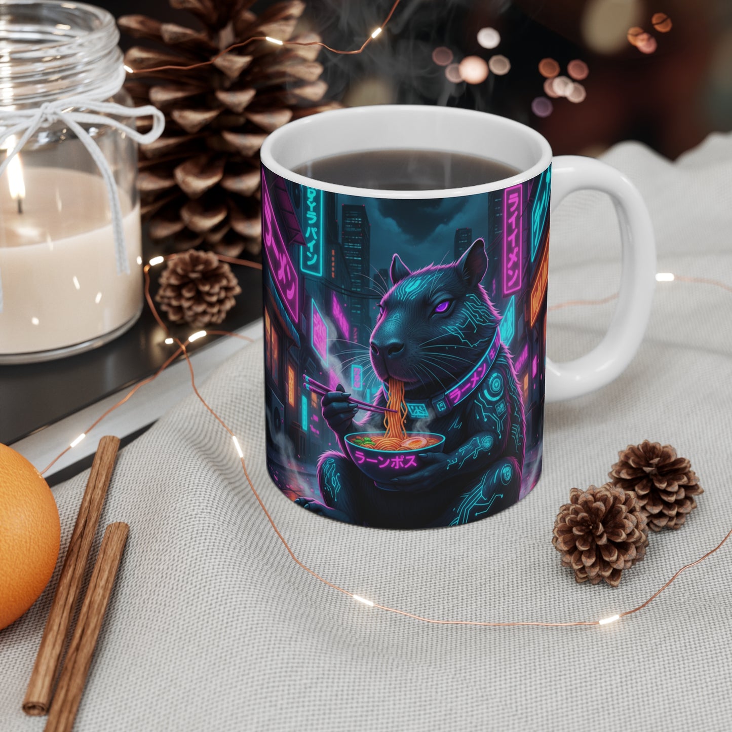 CyberPunk Capybara Ramen Mug | Cyberpunk City Nightscape, 11oz Ceramic