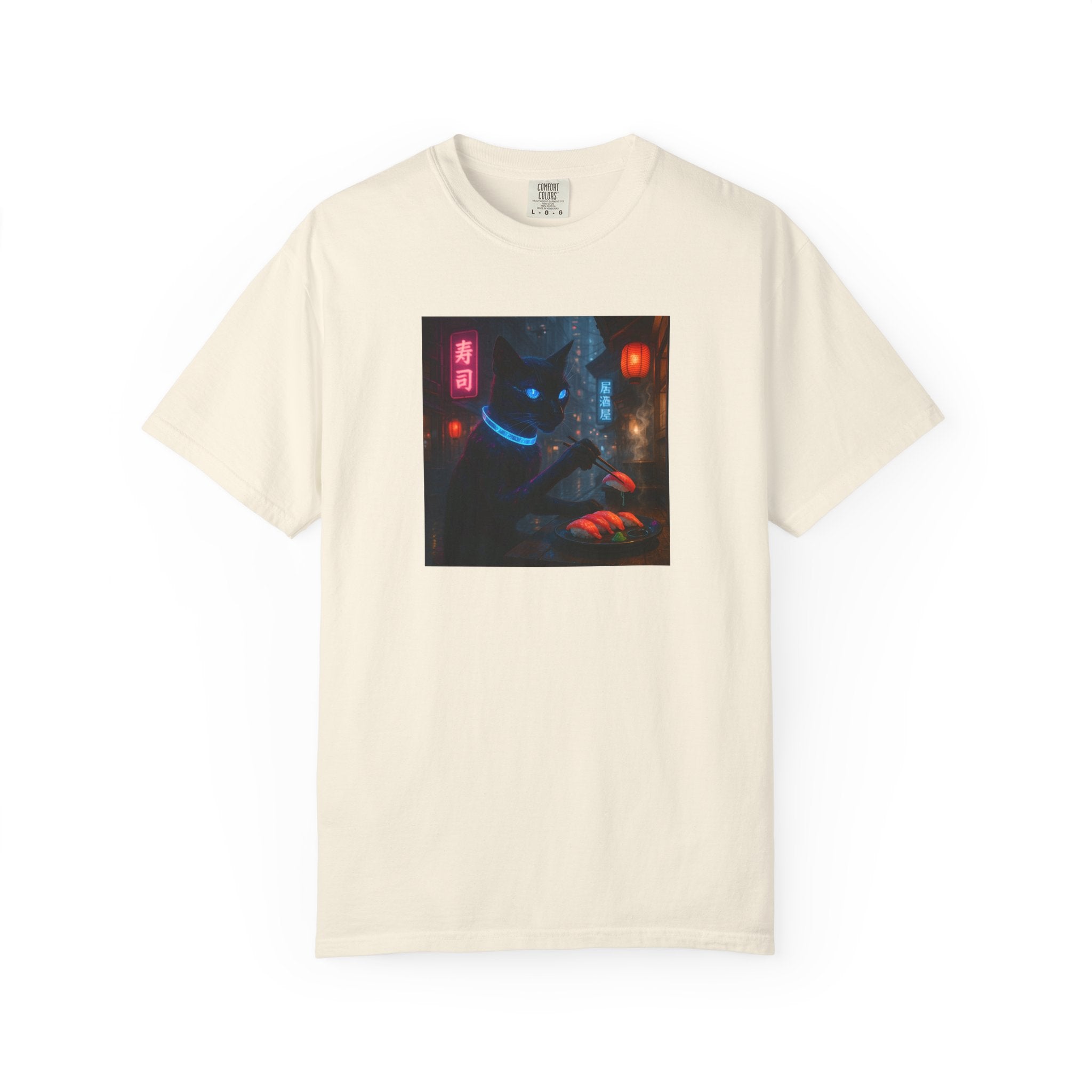 Neon Cyber Cat Sushi Shibuya T-shirt | Dark Alley Japanese Streetwear
