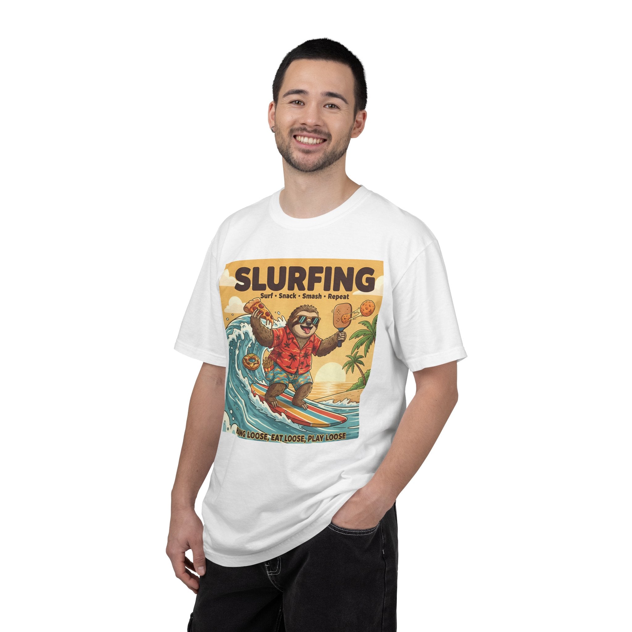 Slurfing Surfing Sloth T-Shirt | Retro Beach Wave Illustration
