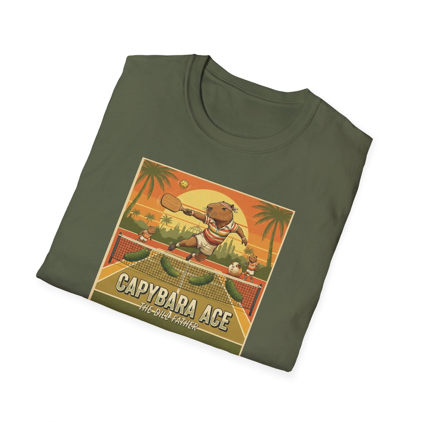 Capybara Ace Pickleball Player T-Shirt | Retro Tropical Court Design