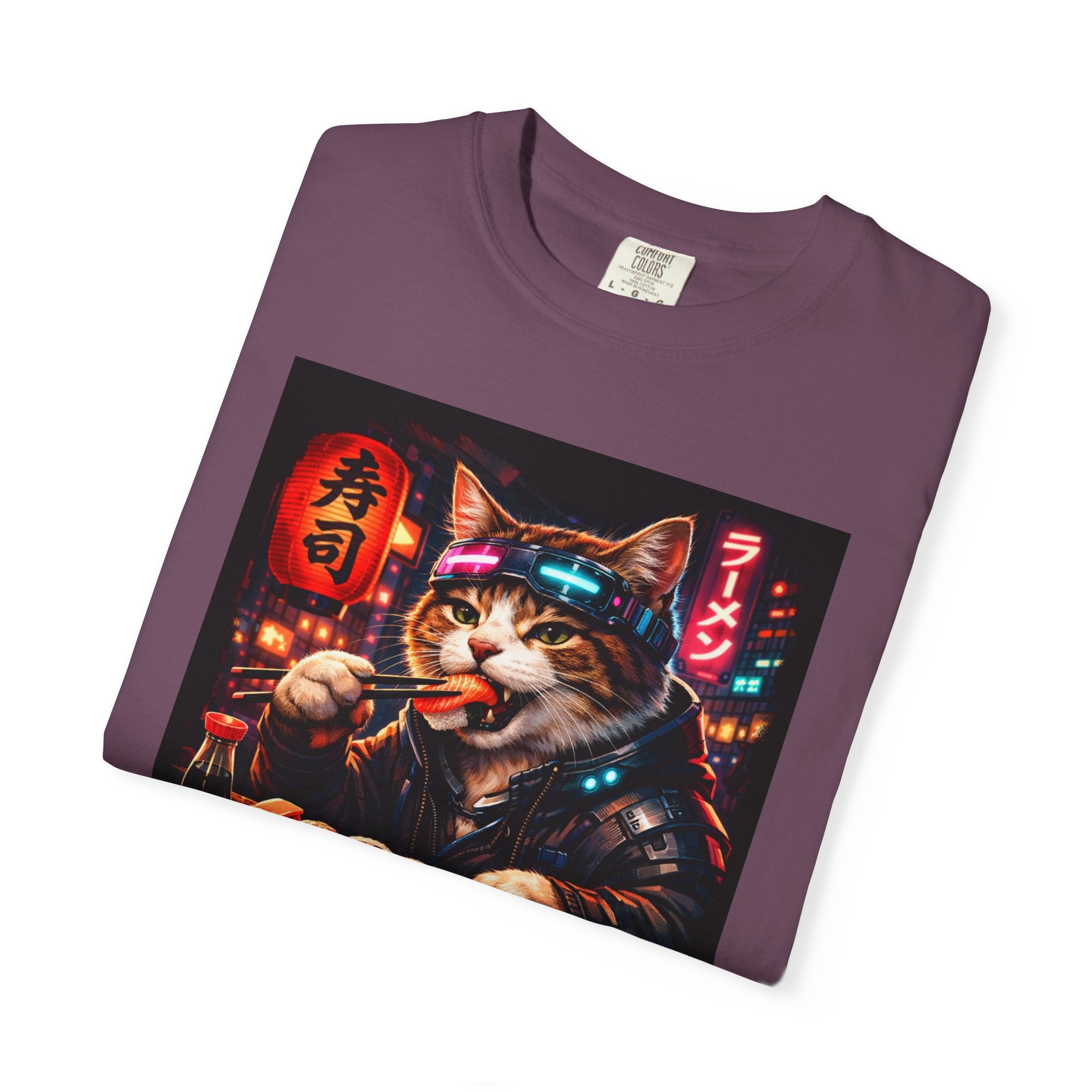 Sushi-Eating Cat T-Shirt | Neon Japanese Street Food Art