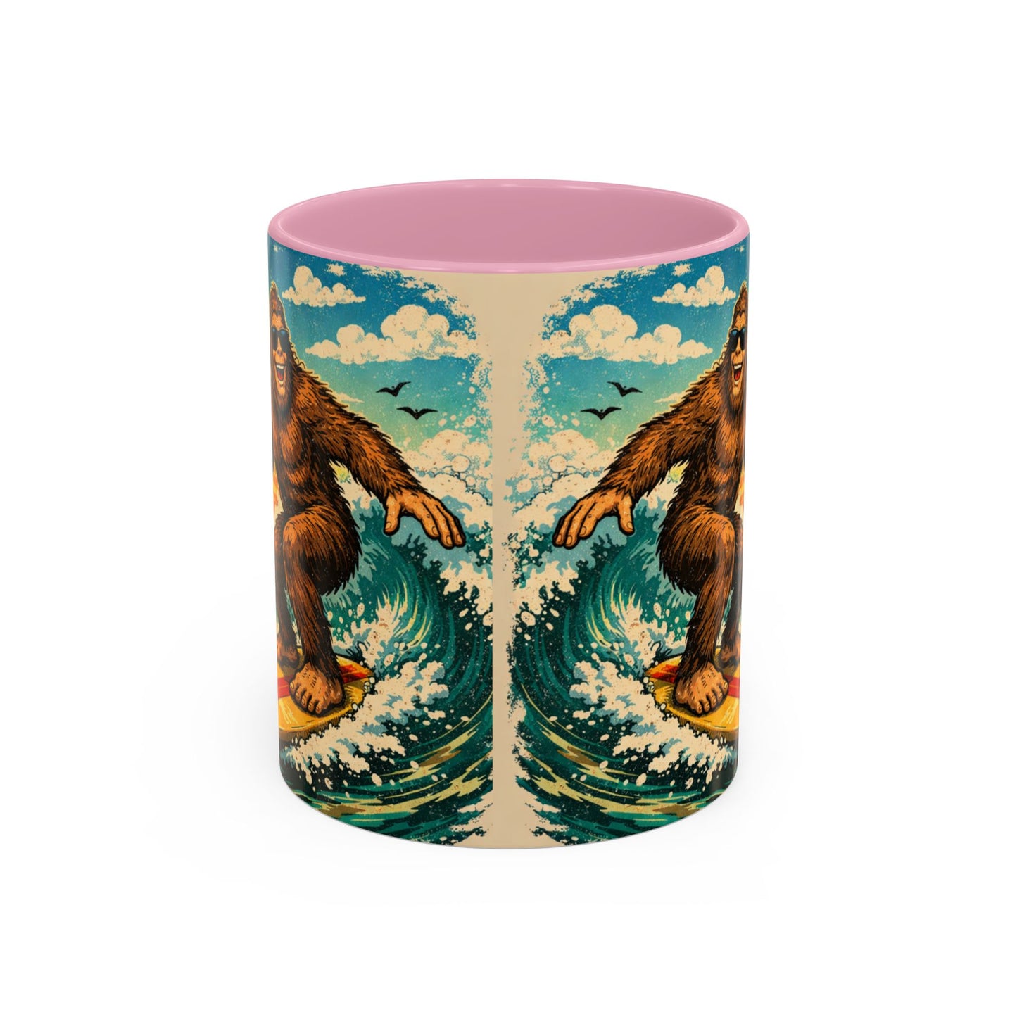 Surfing Bigfoot Mug | Retro Beach Sunset Bigfoot Wave Coffee Cup