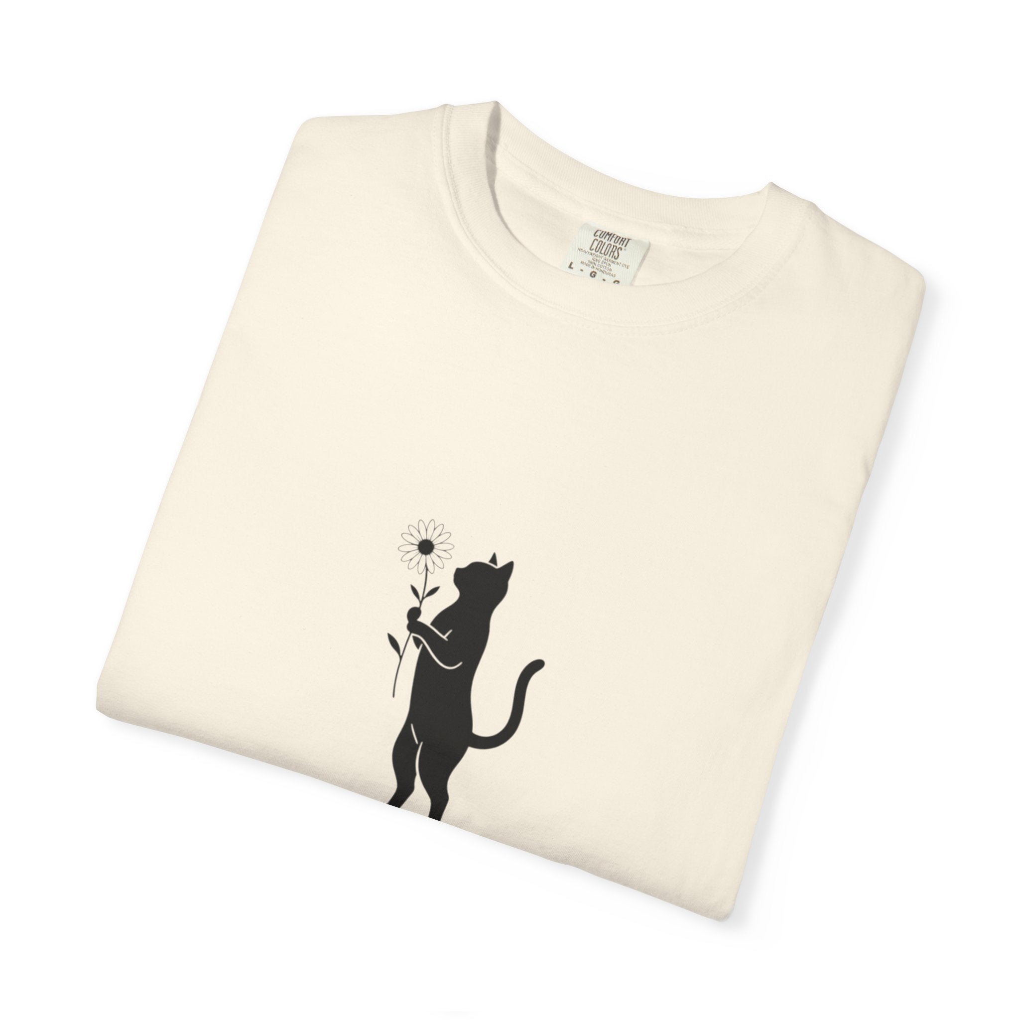 Black Cat Holding Flower T-Shirt | Minimal Cat Silhouette Tee