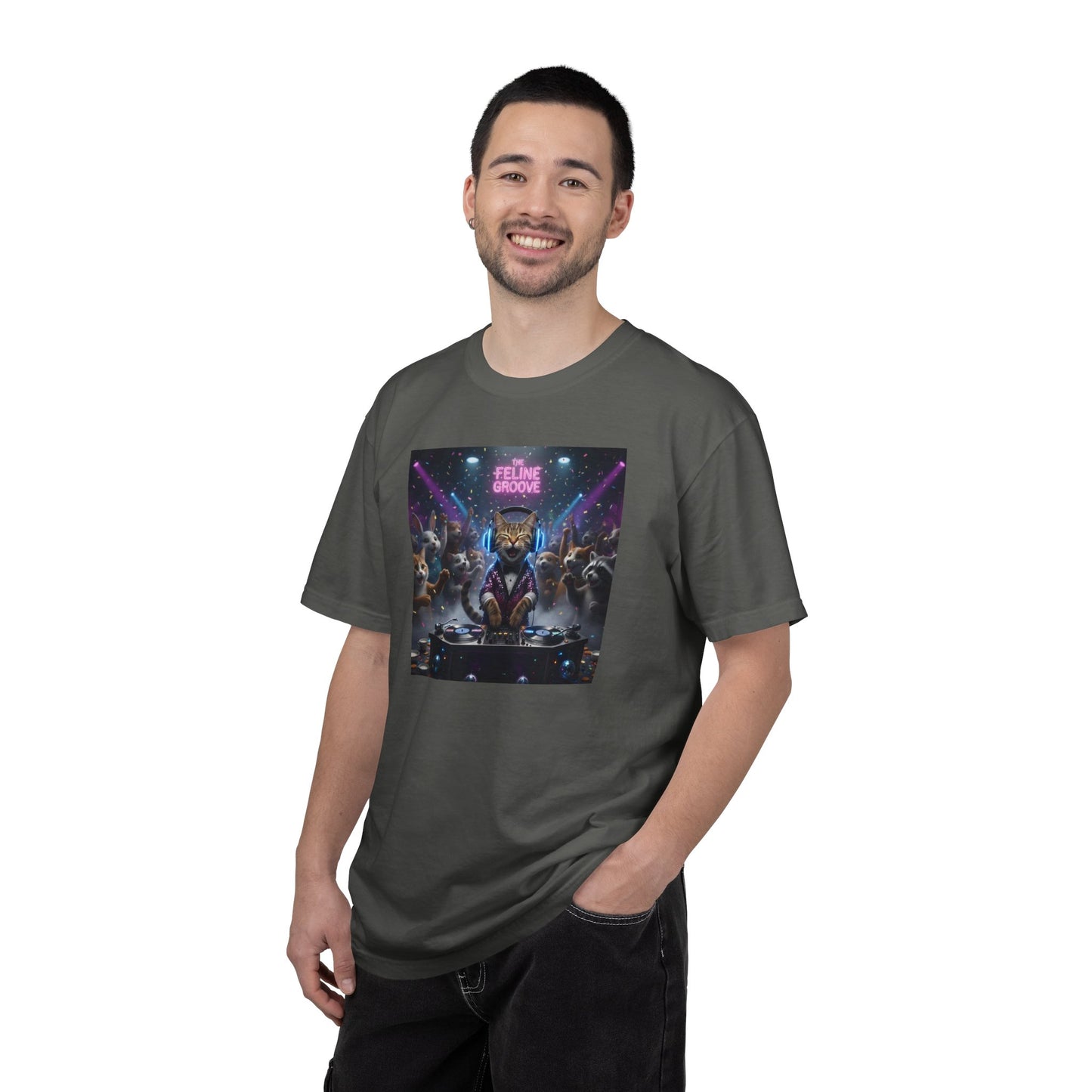 Feline Groove DJ Cat Illustration T-Shirt | Retro Neon Club Scene