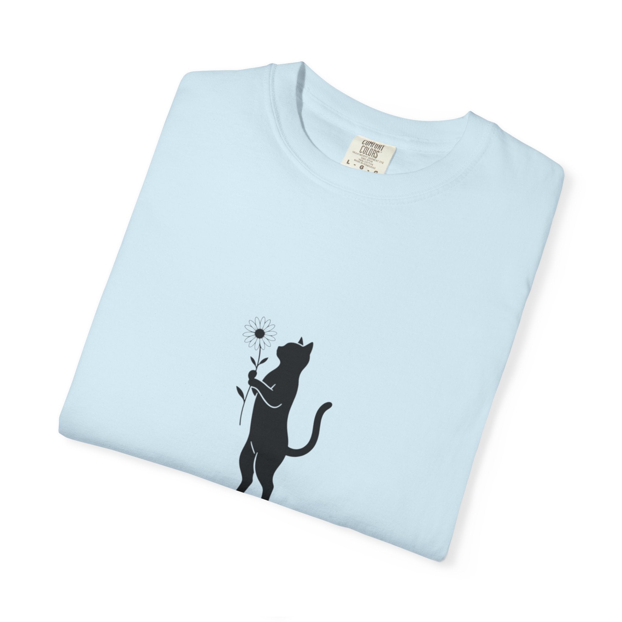 Black Cat Holding Flower T-Shirt | Minimal Cat Silhouette Tee