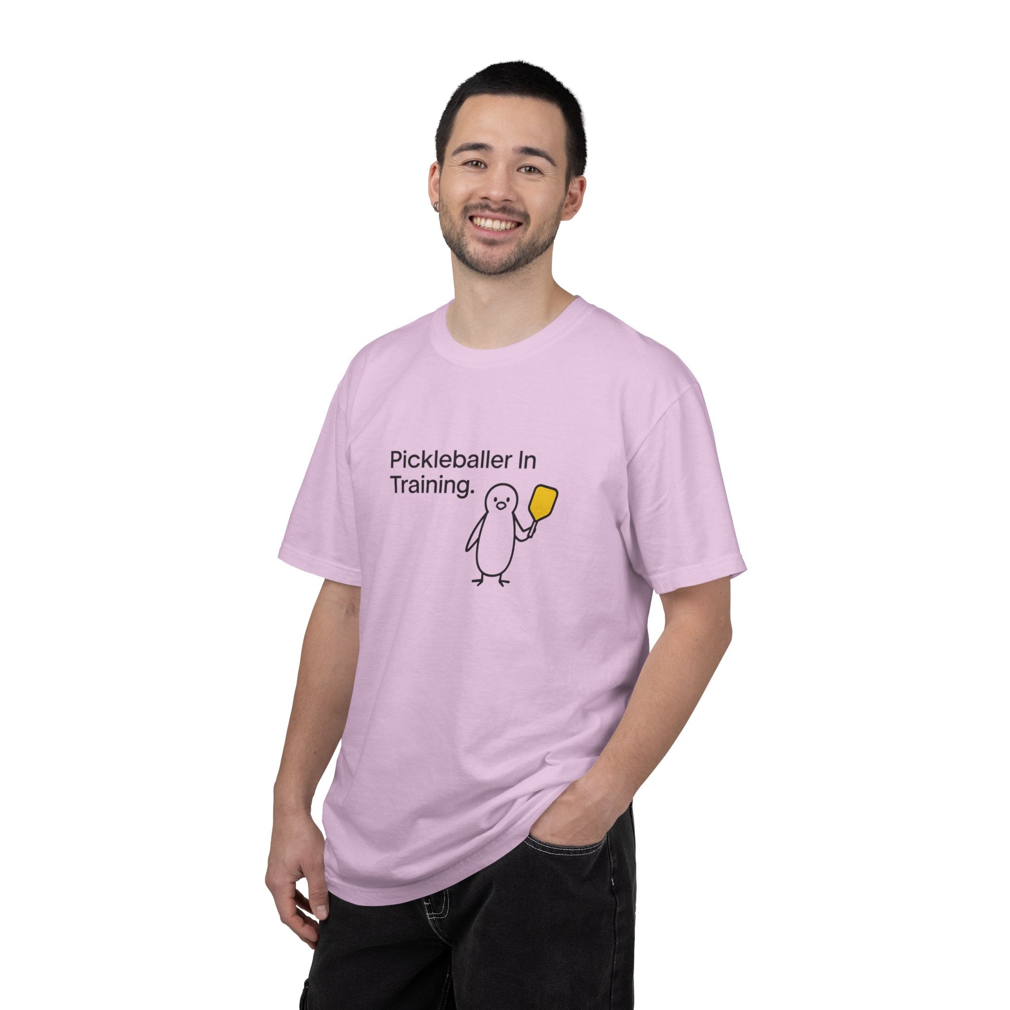 Pickleballer in Training T-Shirt | Cute Penguin Holding Paddle Design