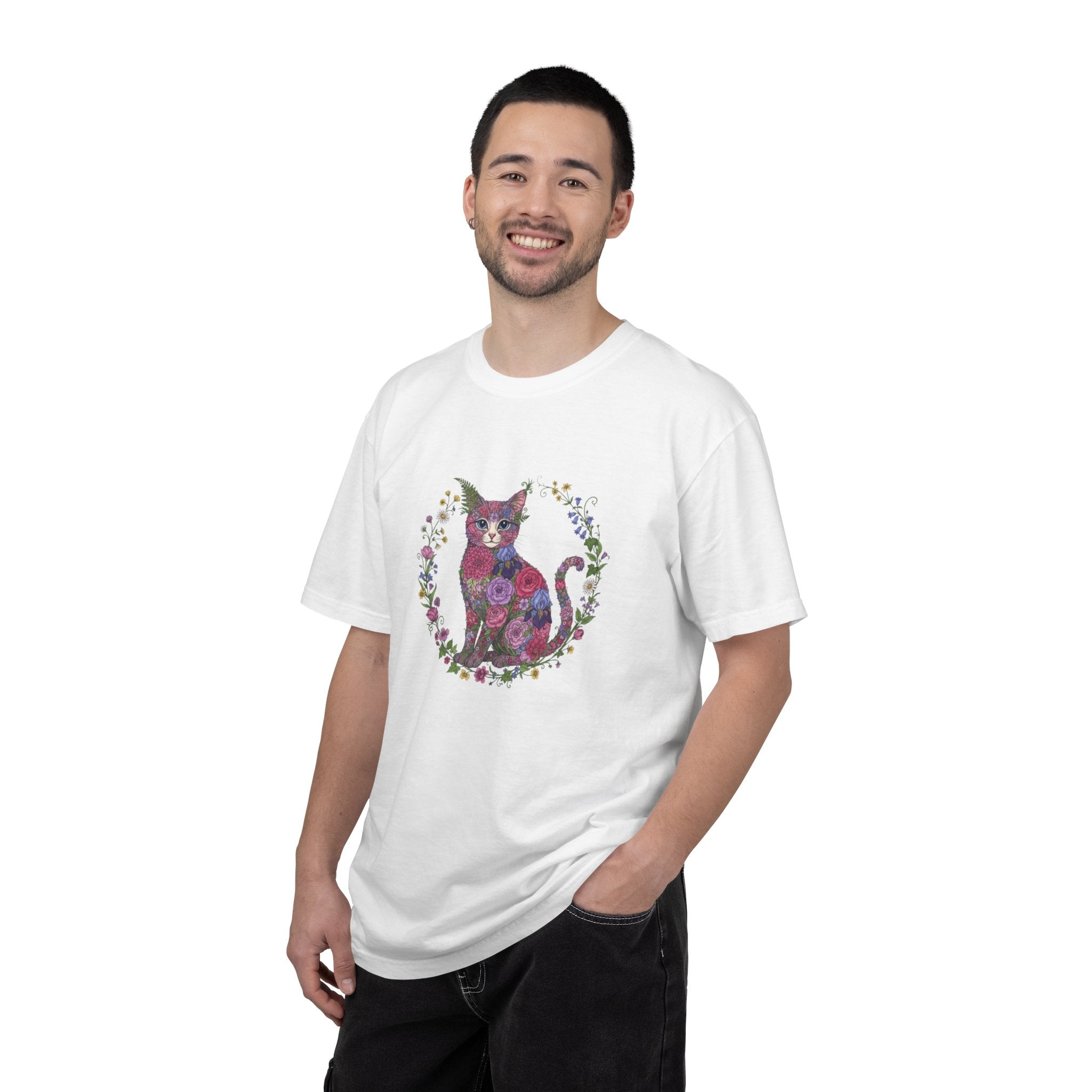 Floral Cat Illustration T-shirt | Botanical Kitty Circle Print