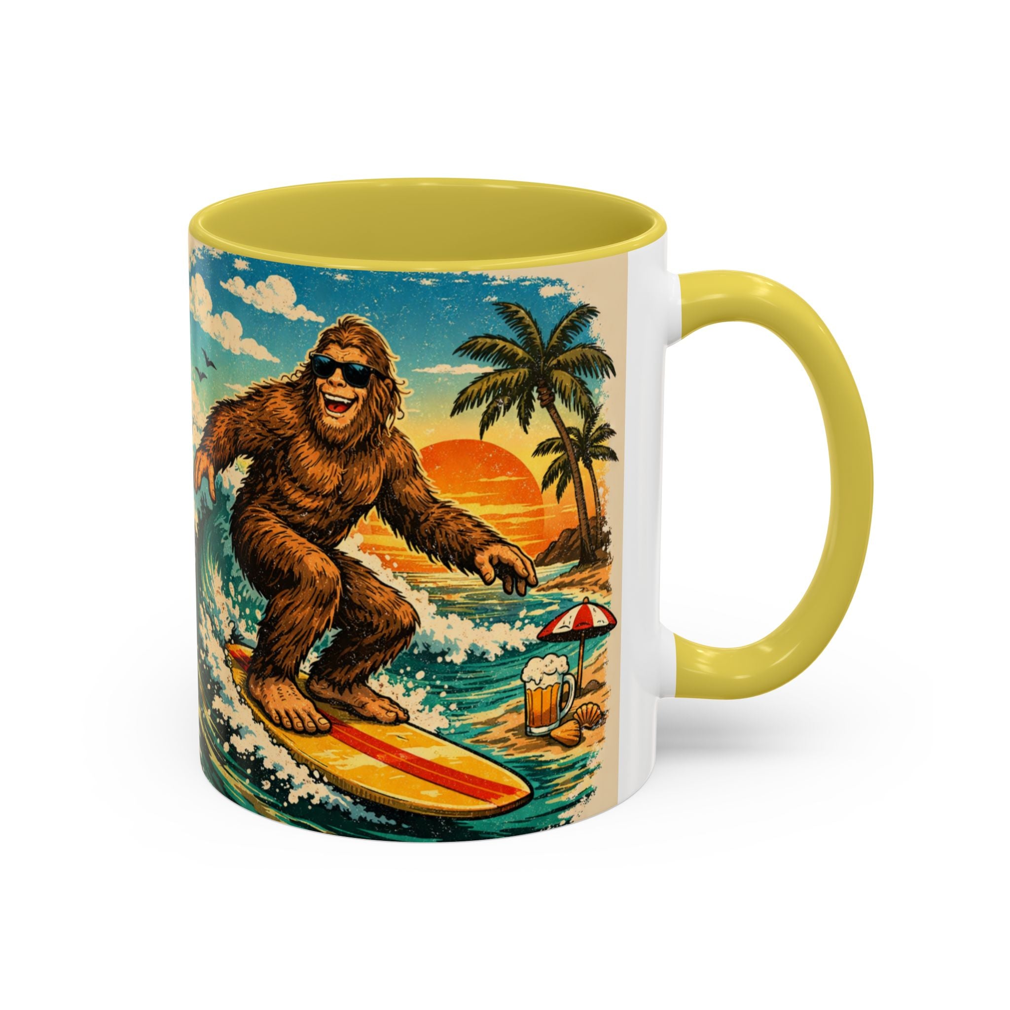 Surfing Bigfoot Mug | Retro Beach Sunset Bigfoot Wave Coffee Cup