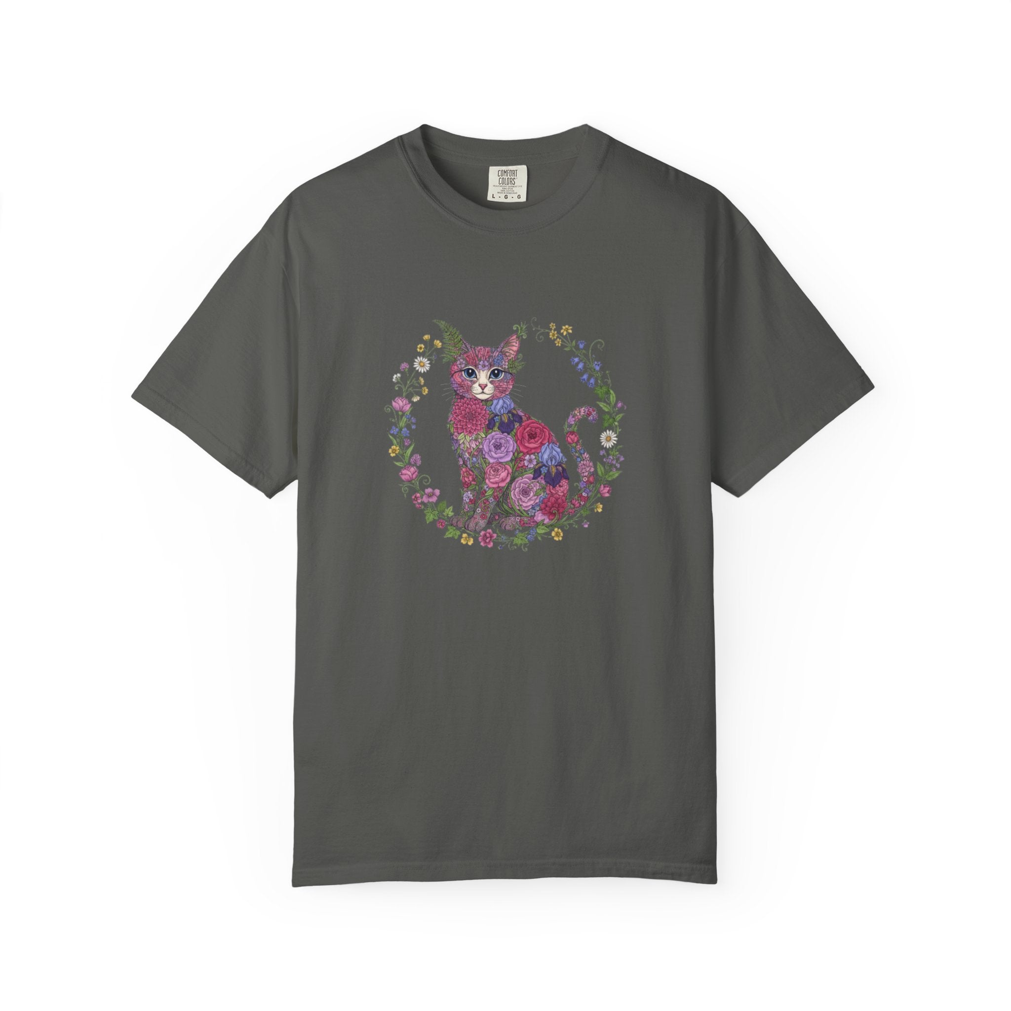 Floral Cat Illustration T-shirt | Botanical Kitty Circle Print