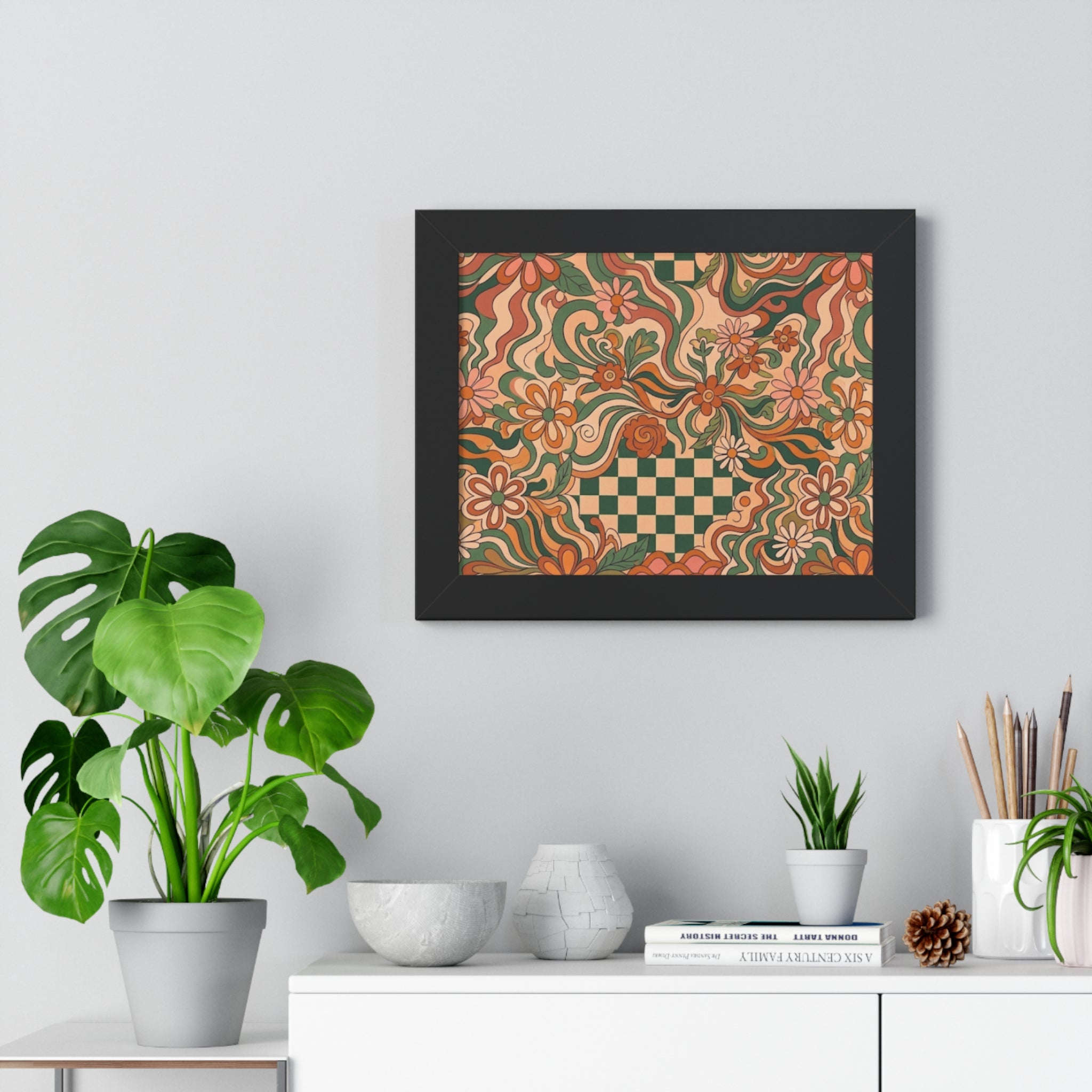 Retro Floral Checkerboard Poster