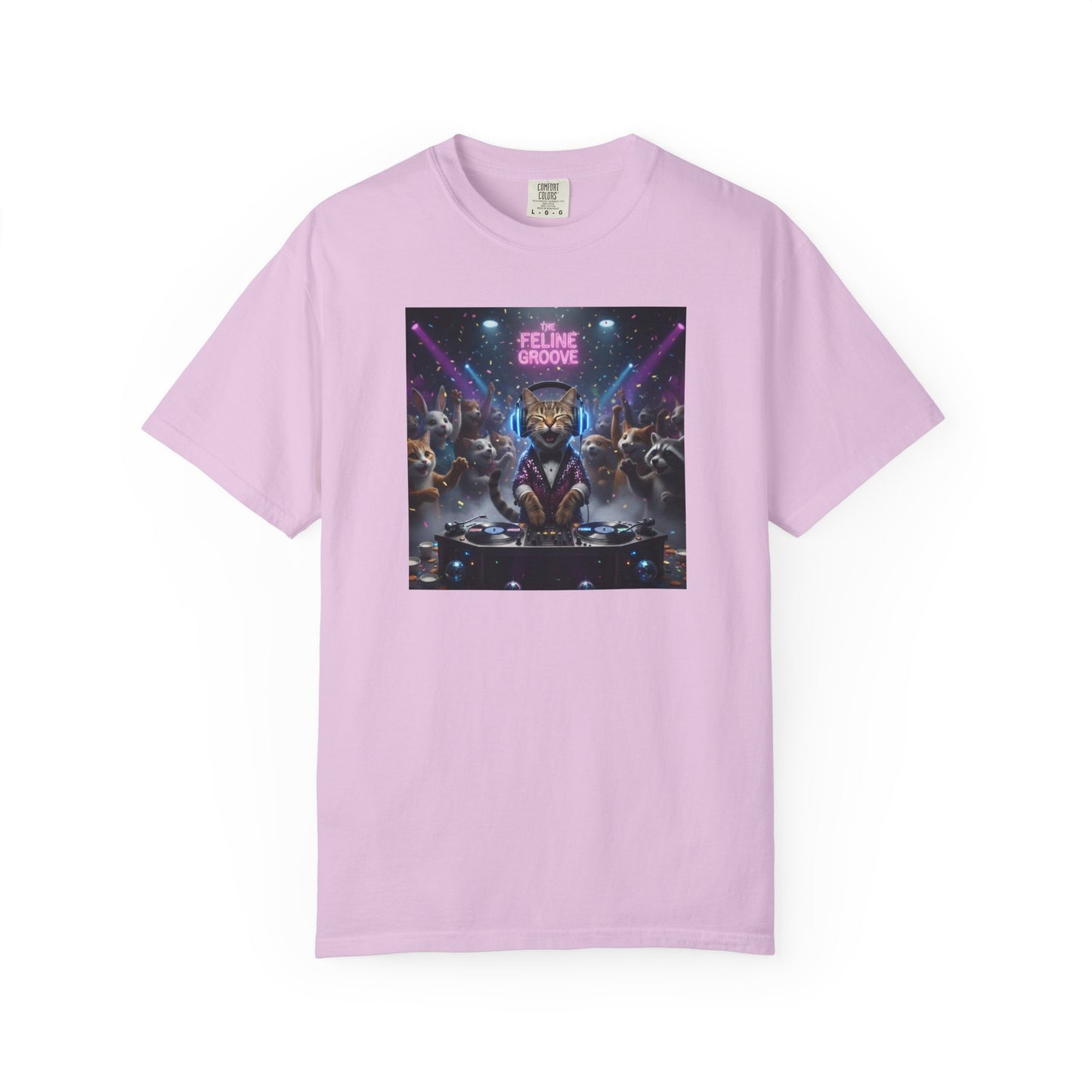 Feline Groove DJ Cat Illustration T-Shirt | Retro Neon Club Scene