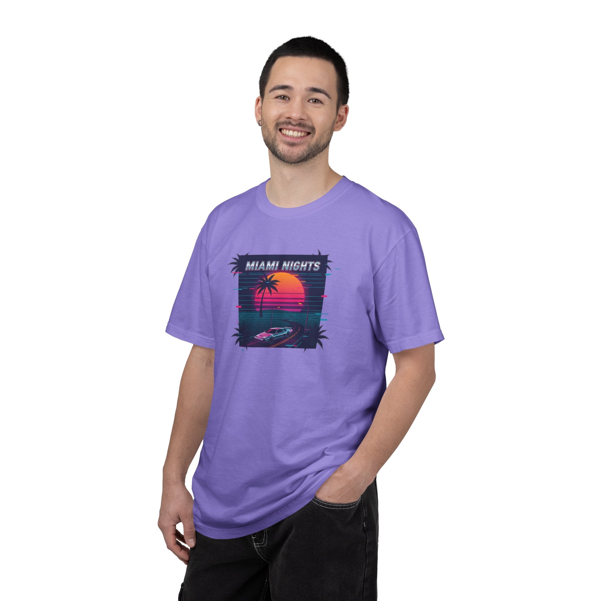 Miami Nights Sunset Palm T-shirt | Retro Vaporwave Beach Scene