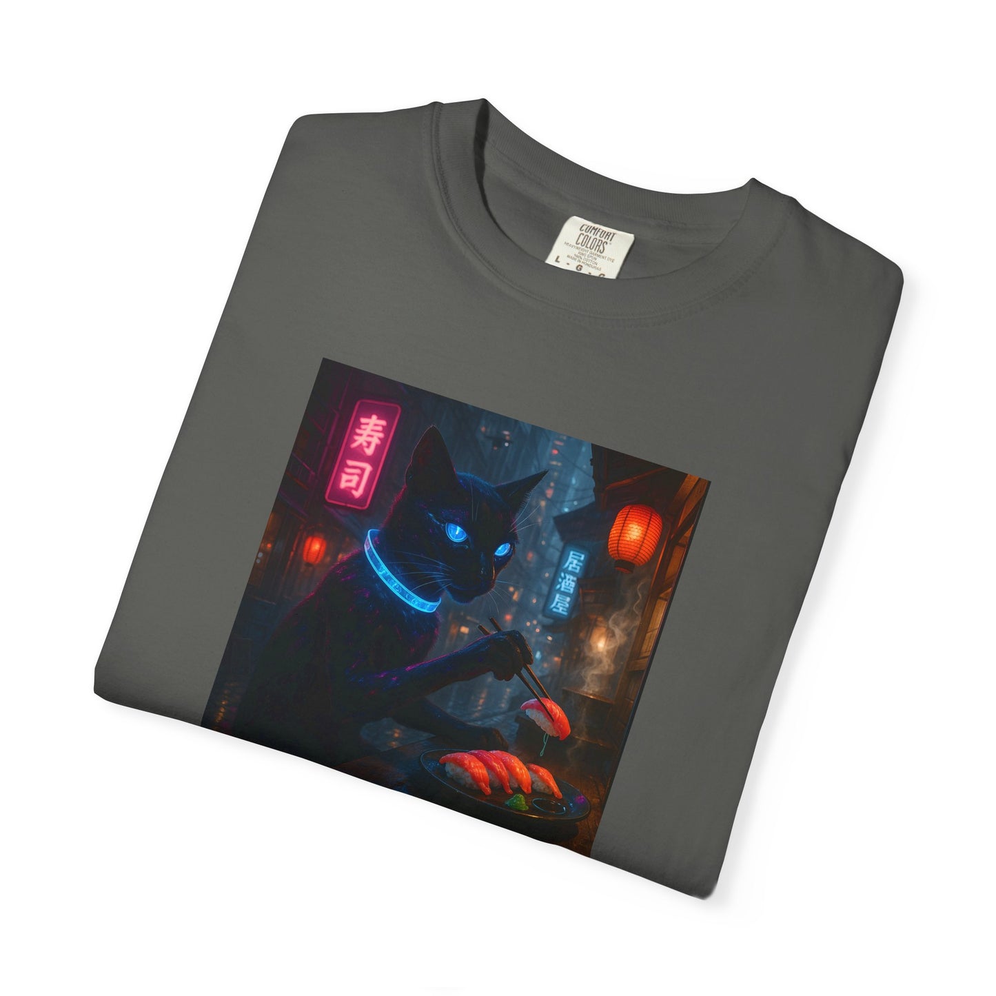 Neon Cyber Cat Sushi Shibuya T-shirt | Dark Alley Japanese Streetwear