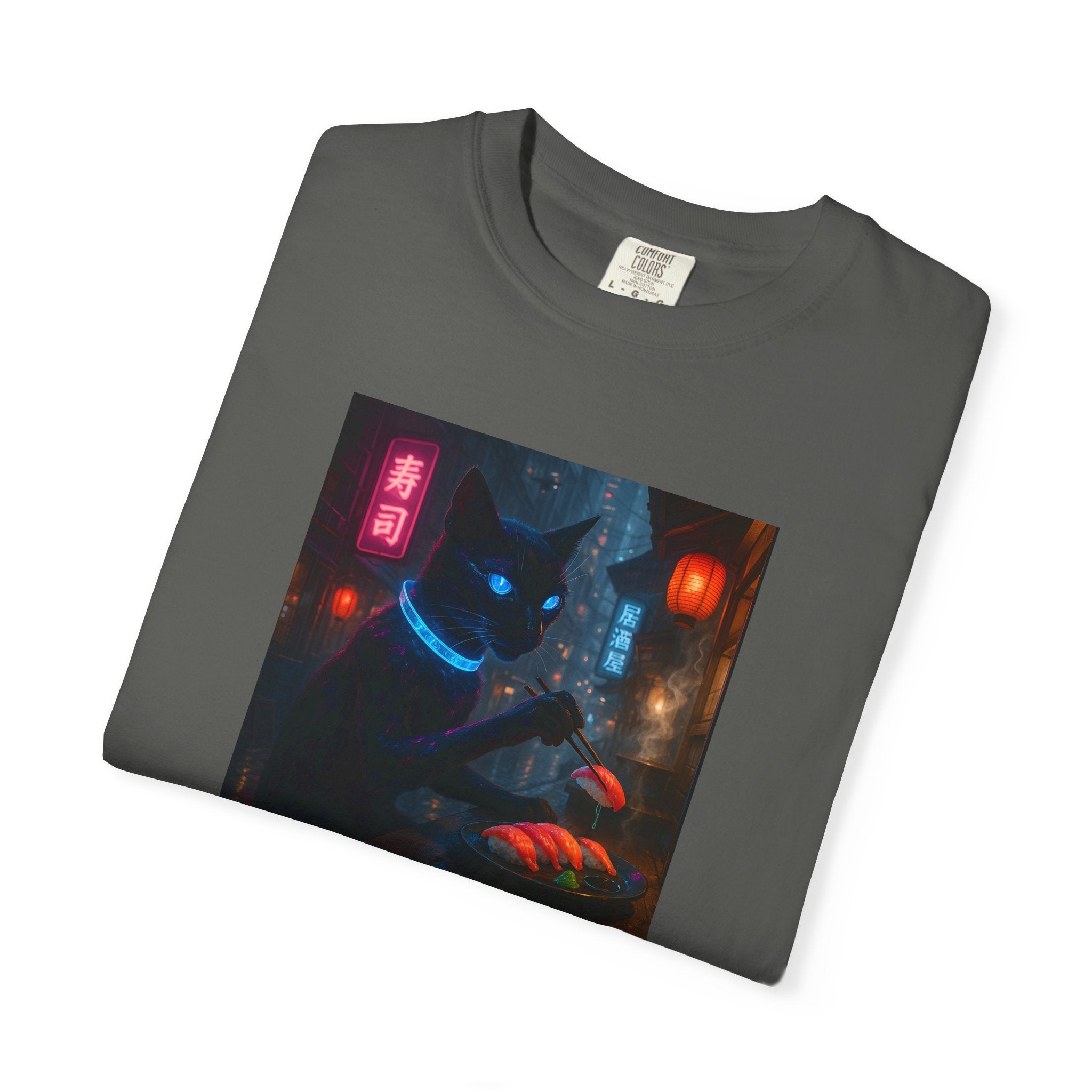 Neon Cyber Cat Sushi Shibuya T-shirt | Dark Alley Japanese Streetwear