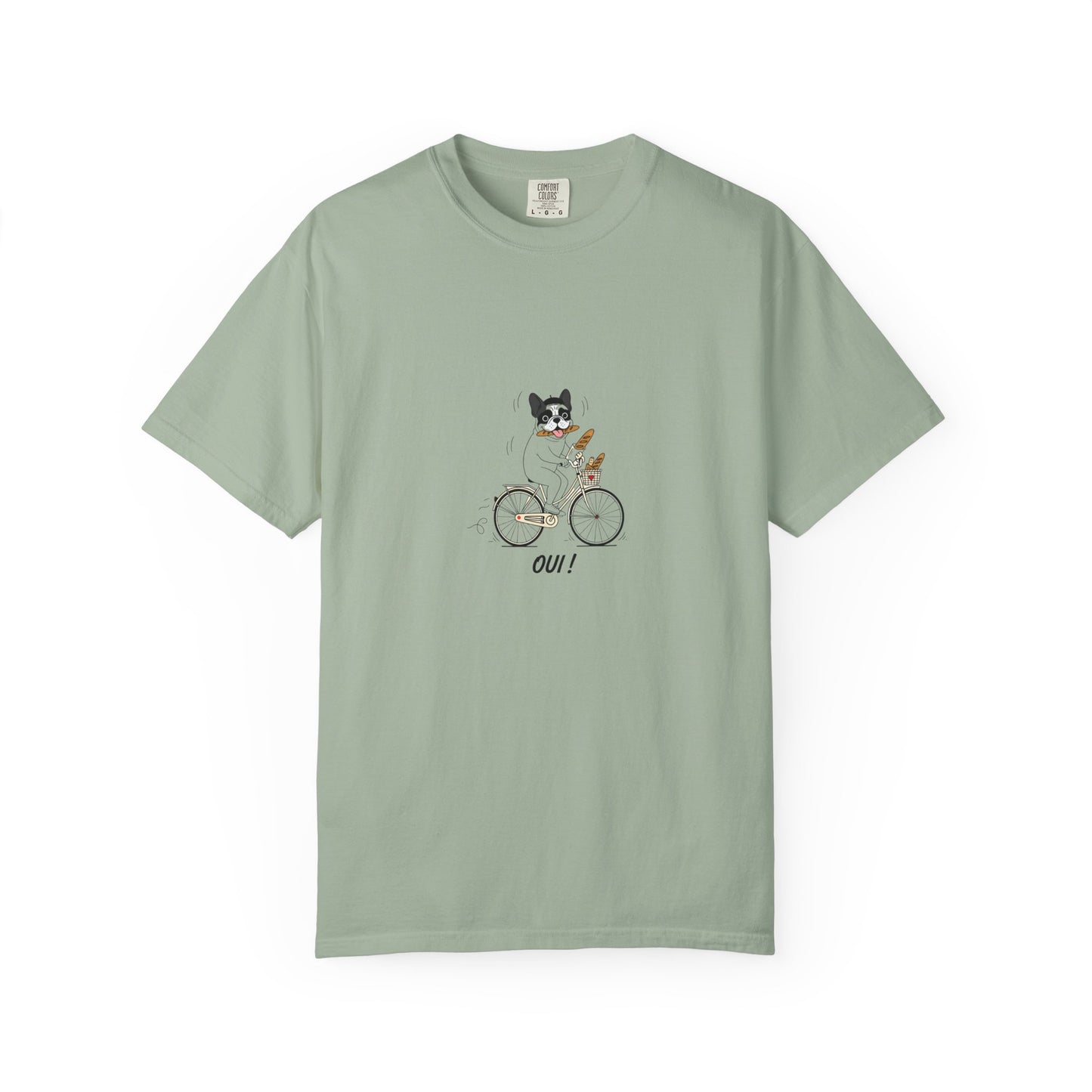 French Bulldog on Bicycle T-shirt | Cute Dog Illustration, 'Oui!' Text