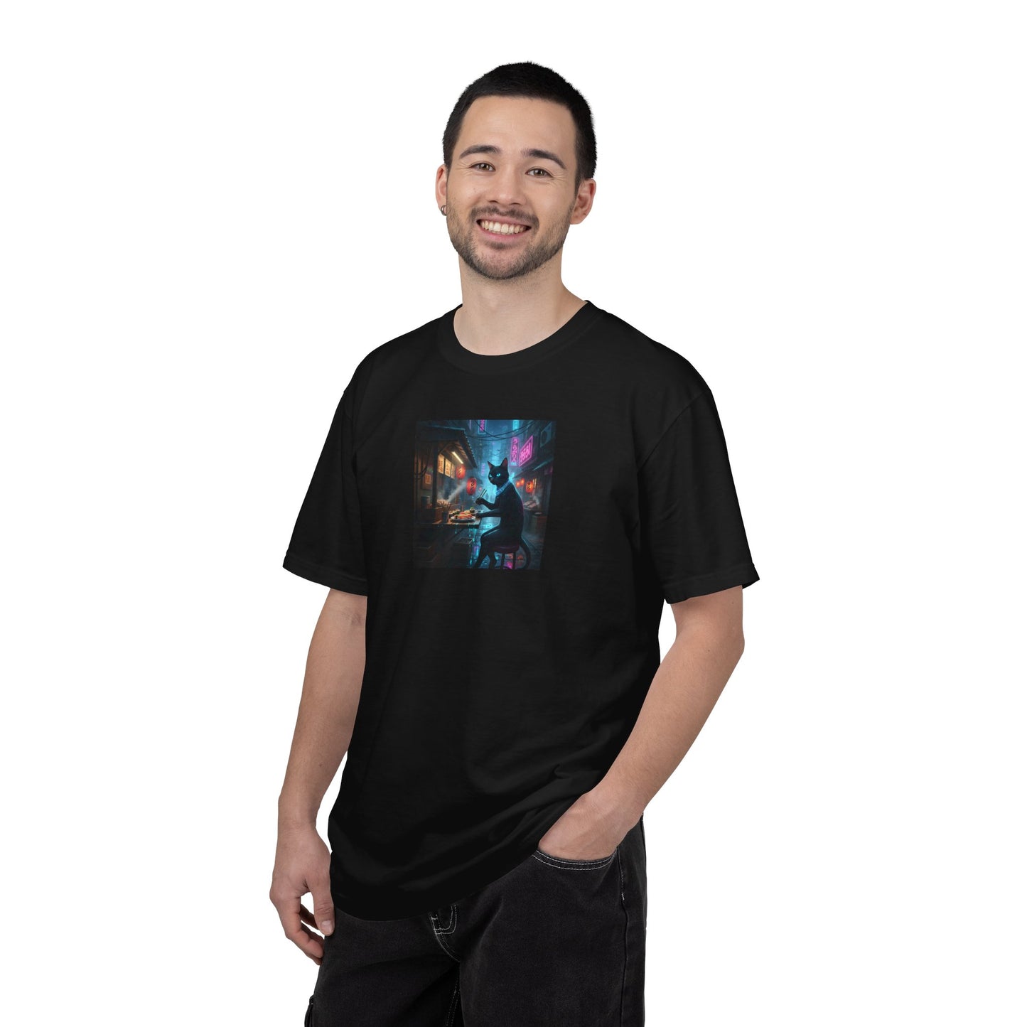 Cyberpunk Cat Sushi T-shirt | Neon Japan Noir