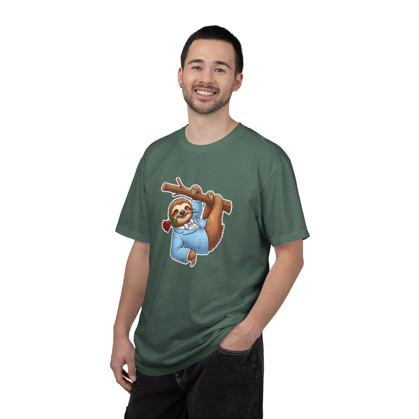 Sloth with Rose on Branch T-shirt | Cute Relaxed Animal Tee