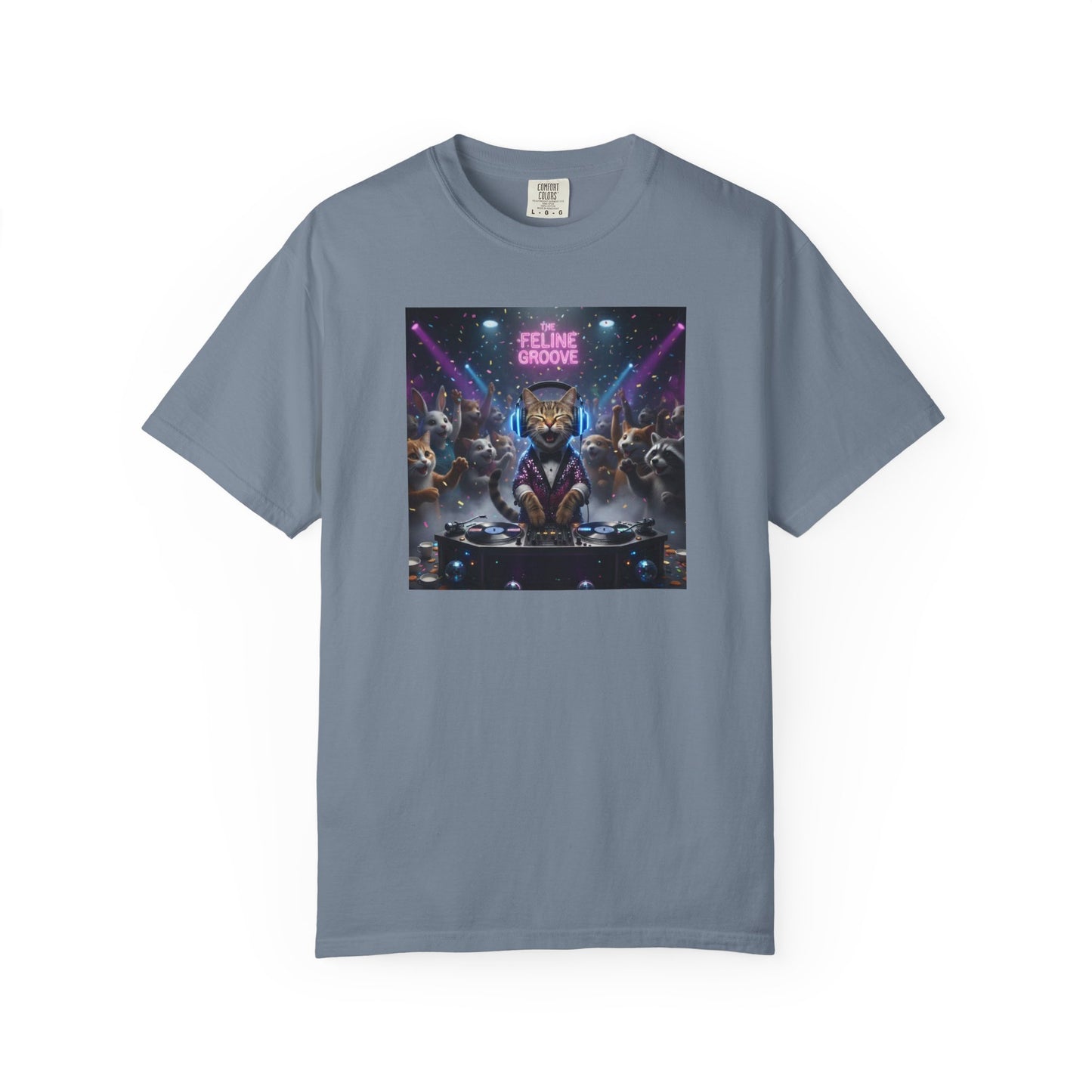 Feline Groove DJ Cat Illustration T-Shirt | Retro Neon Club Scene