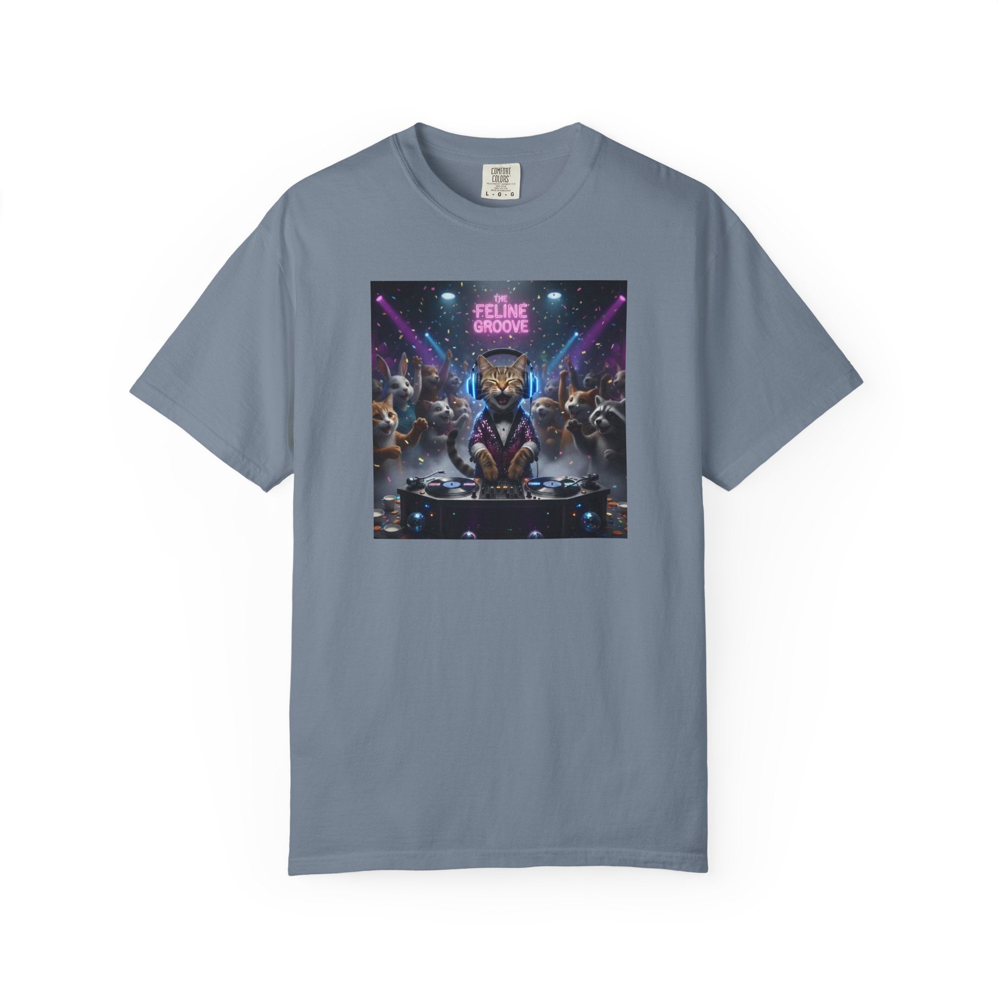 Feline Groove DJ Cat Illustration T-Shirt | Retro Neon Club Scene