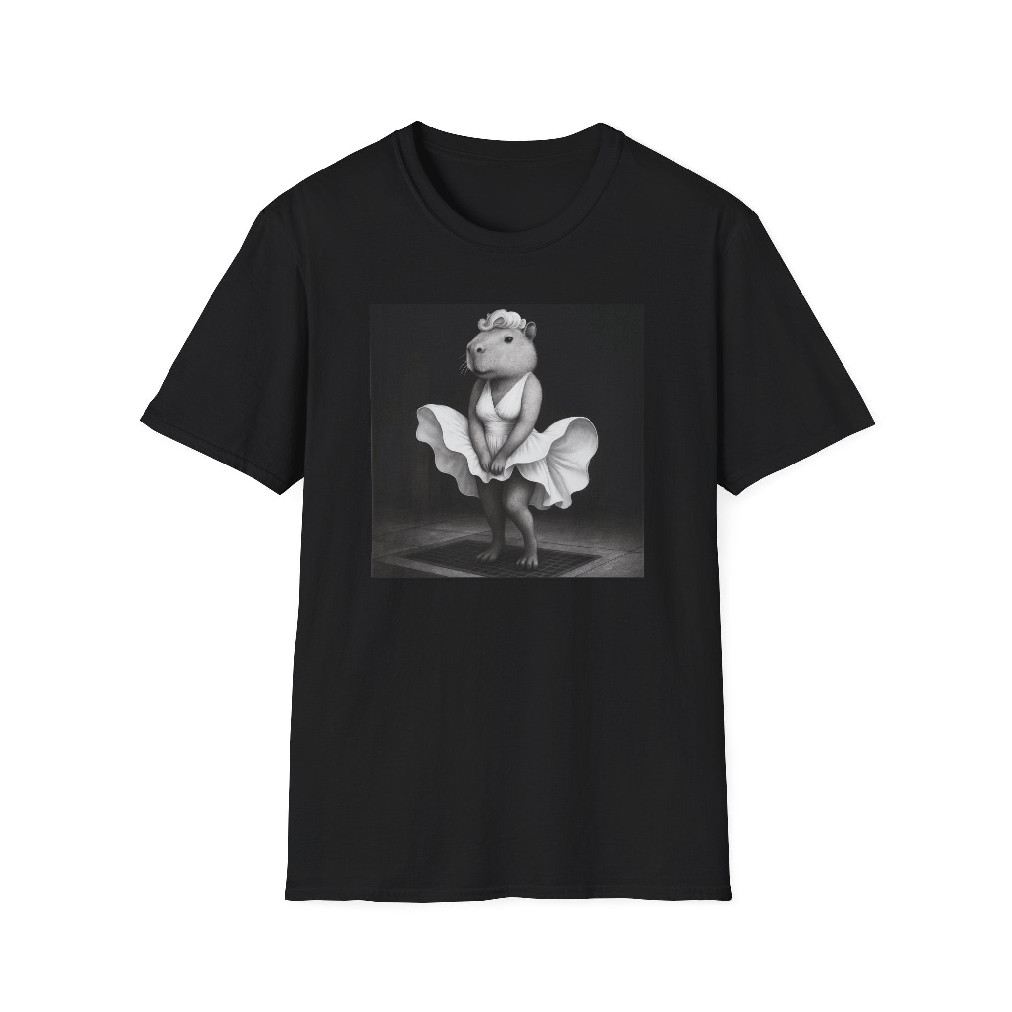 Capybara Blonde. Dress Pose T-Shirt | Retro Black & White Illustration