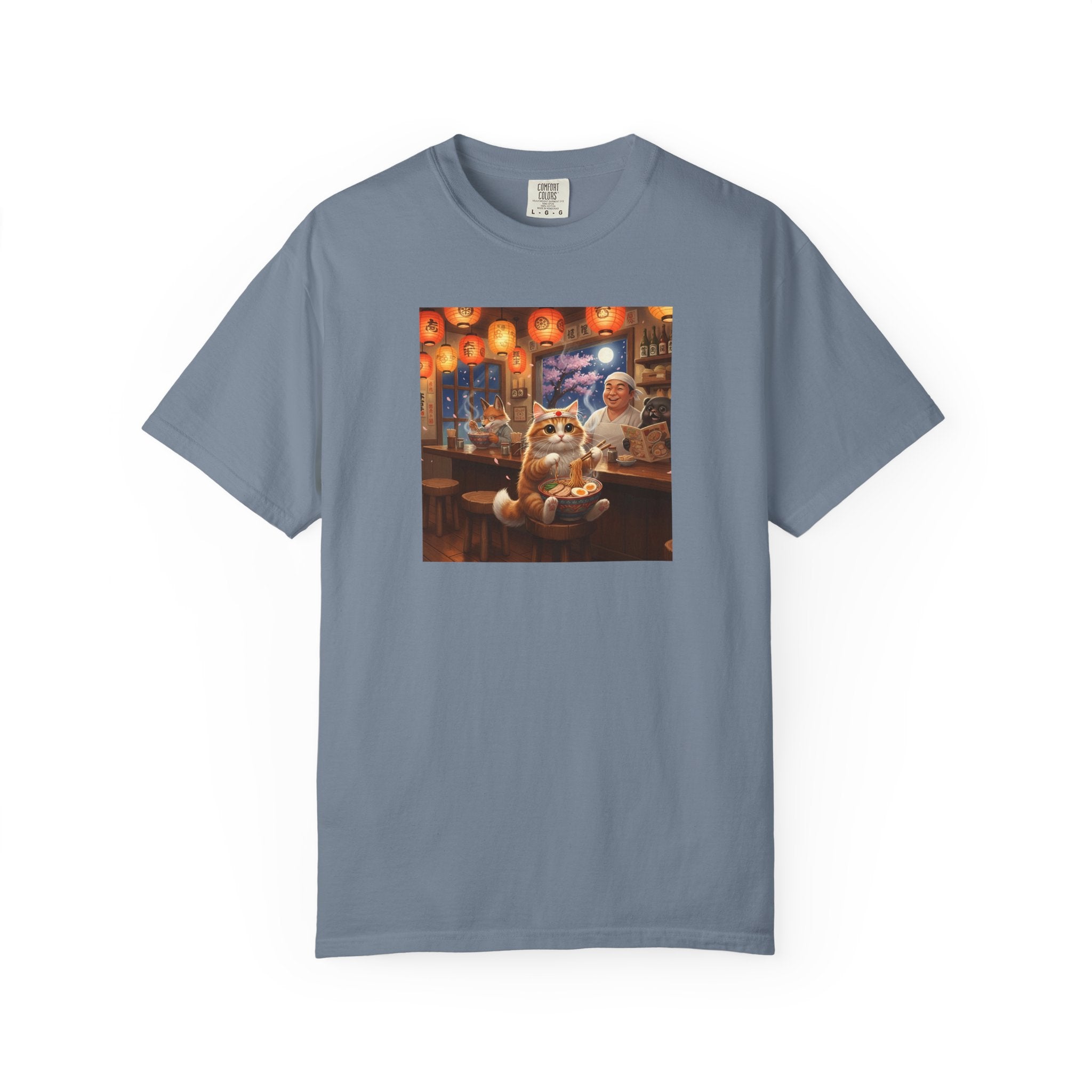Whiskers and the Wondrous Noodles Cat Bar Ramen Scene T-shirt | Cozy Pub Cat Illustration
