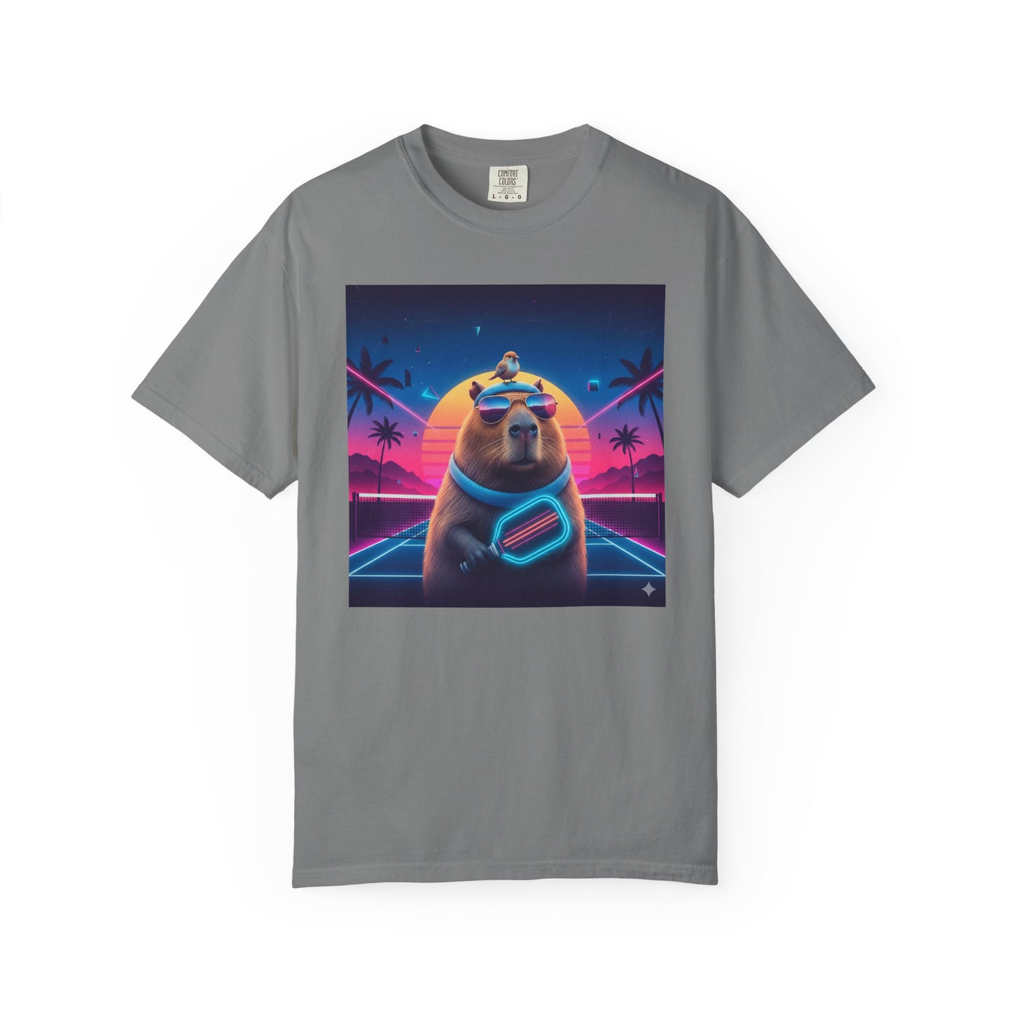 Retro Vaporwave Capybara with Sunglasses T-shirt | Neon Sunset Palm Trees