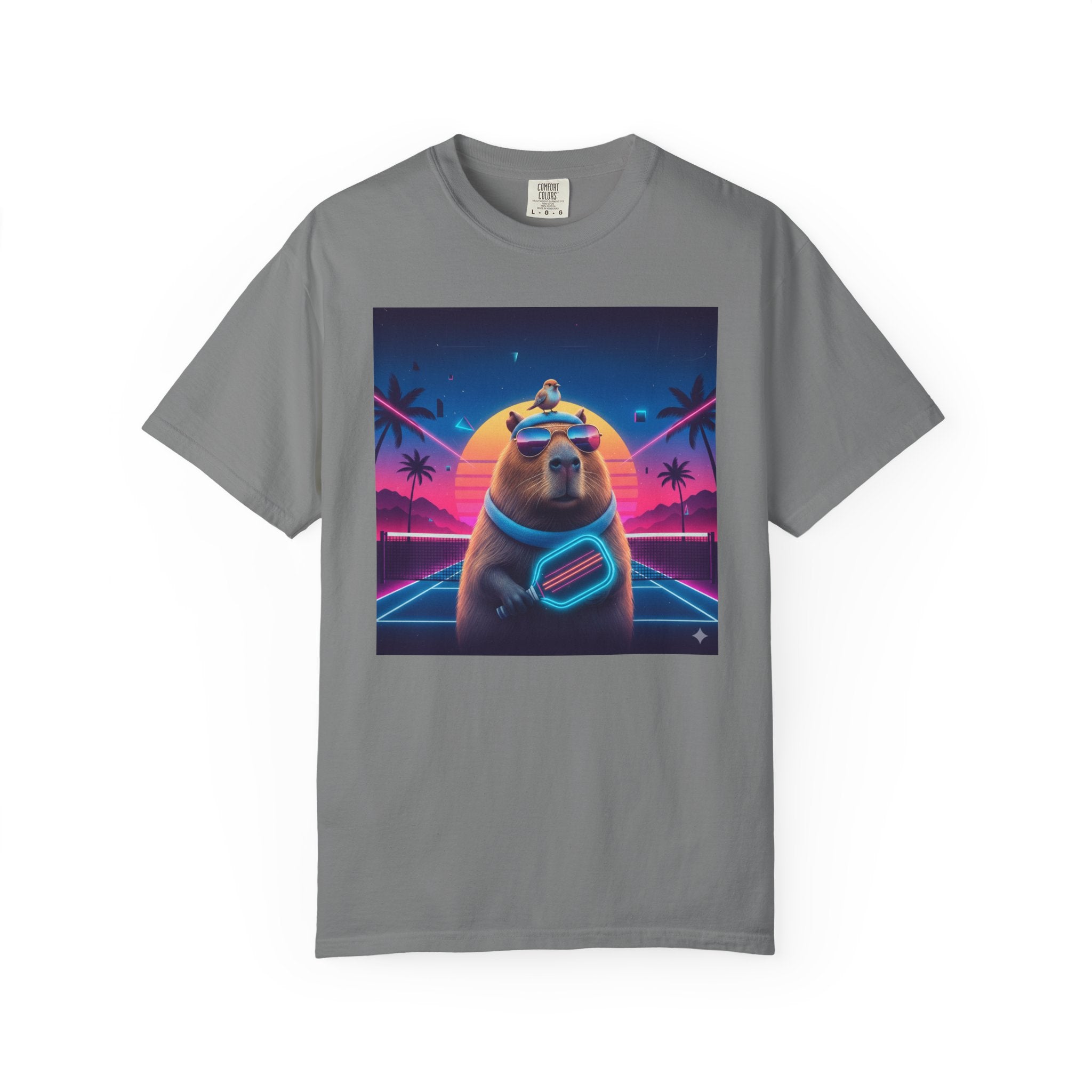 Retro Vaporwave Capybara with Sunglasses T-shirt | Neon Sunset Palm Trees