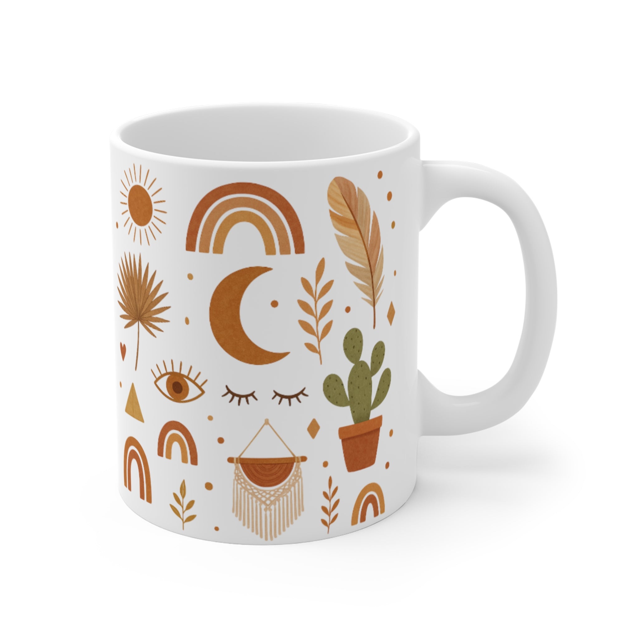 Boho Sun Moon Rainbow Pattern Mug | 11oz Ceramic Coffee Cup