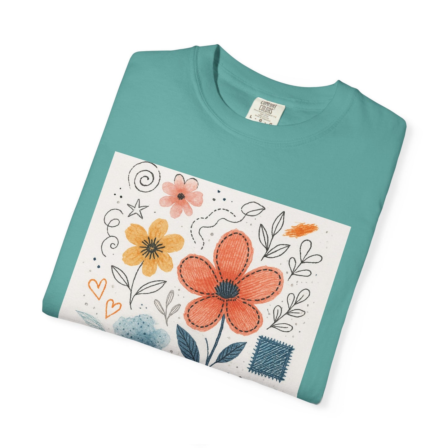 Hand-drawn Watercolor Floral Doodles T-shirt | Linocut & Embroidery Texture