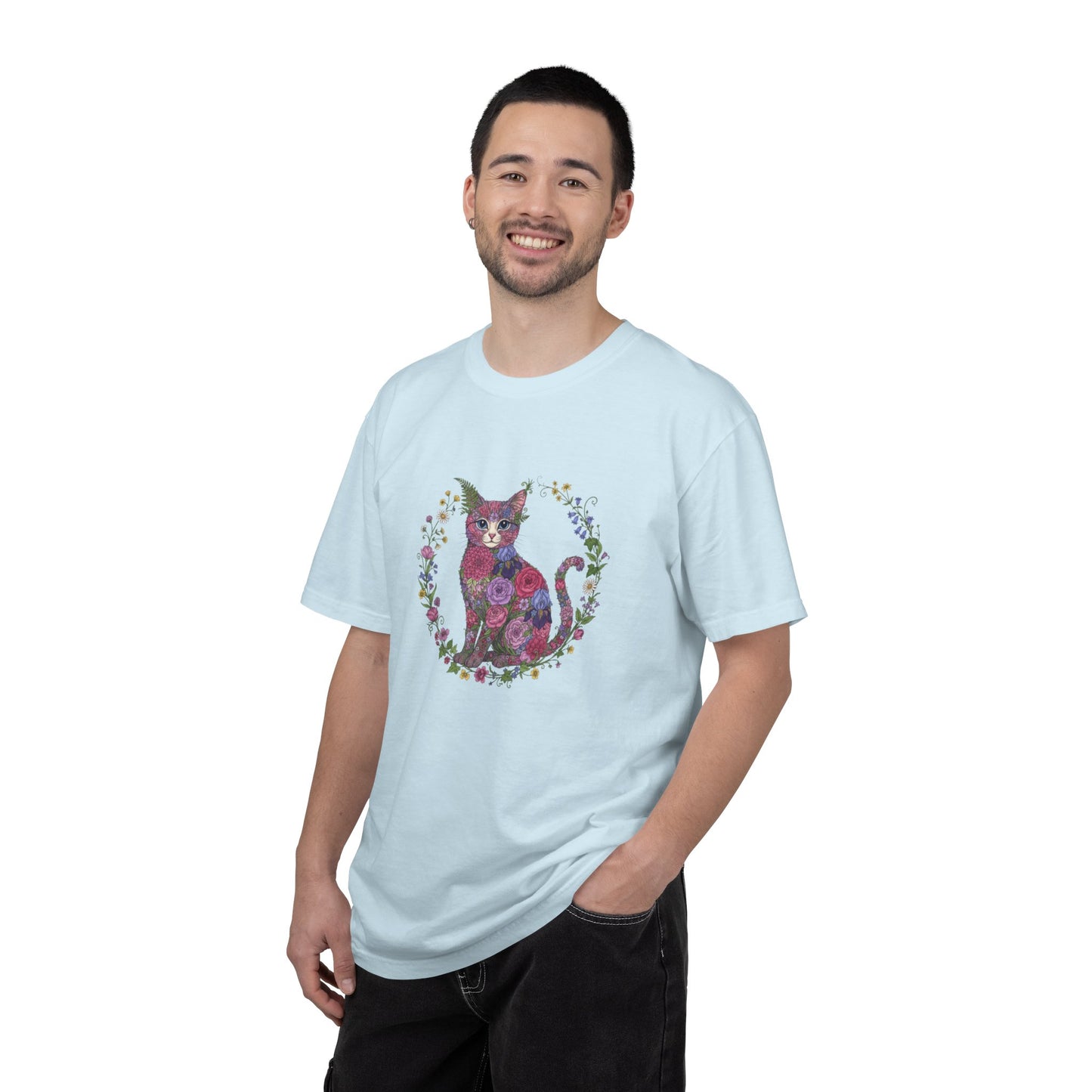 Floral Cat Illustration T-shirt | Botanical Kitty Circle Print
