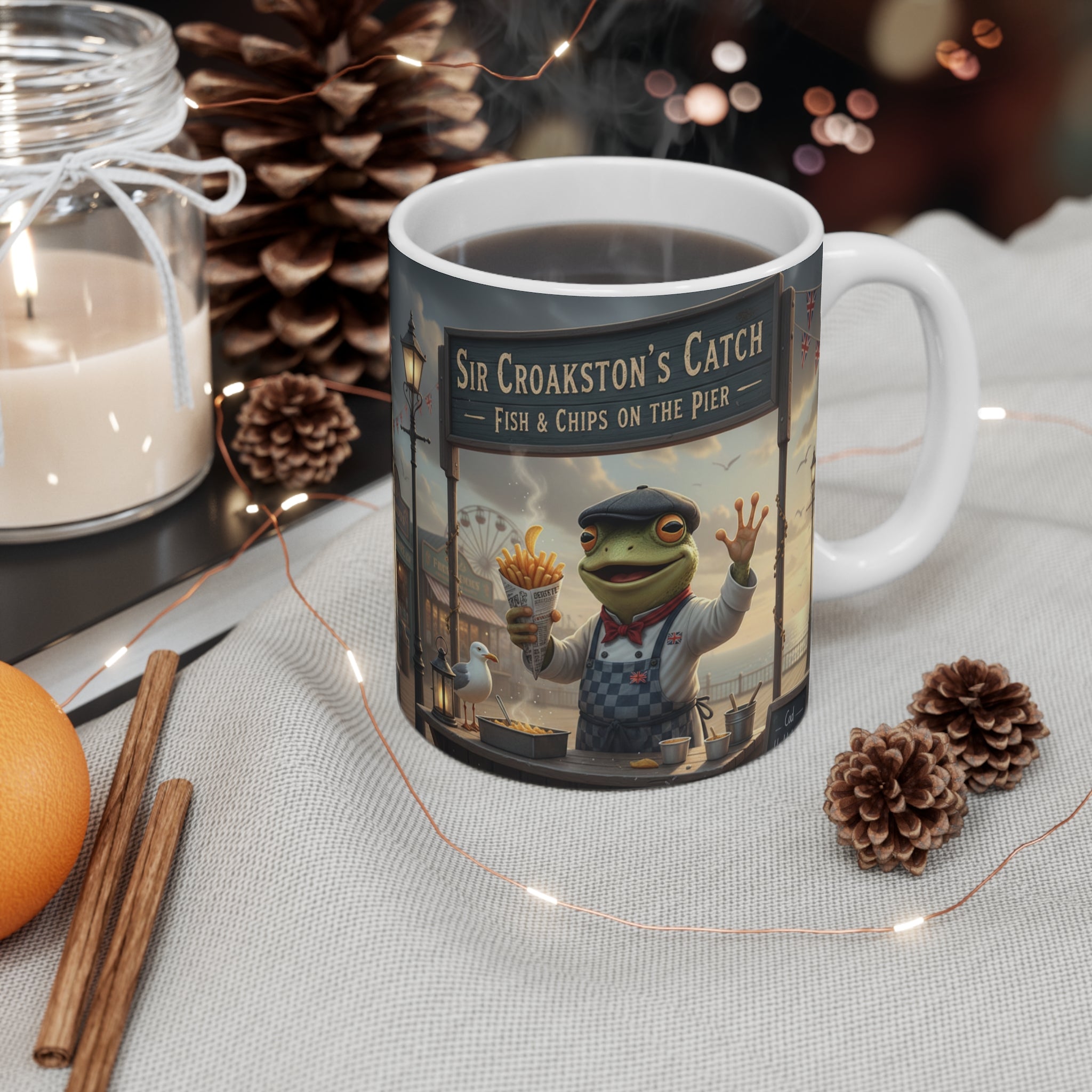 Sir Croakston's Catch Frog Fish and Chips Mug | Whimsical Seaside Illustration