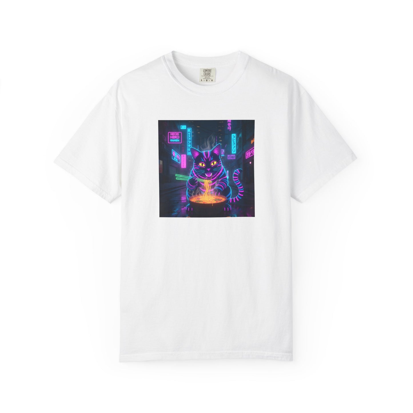 Neon Cyberpunk Cat Mystic Bowl T-shirt | Retro Futuristic Alley Art