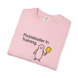 Pickleballer in Training T-Shirt | Cute Penguin Holding Paddle Design
